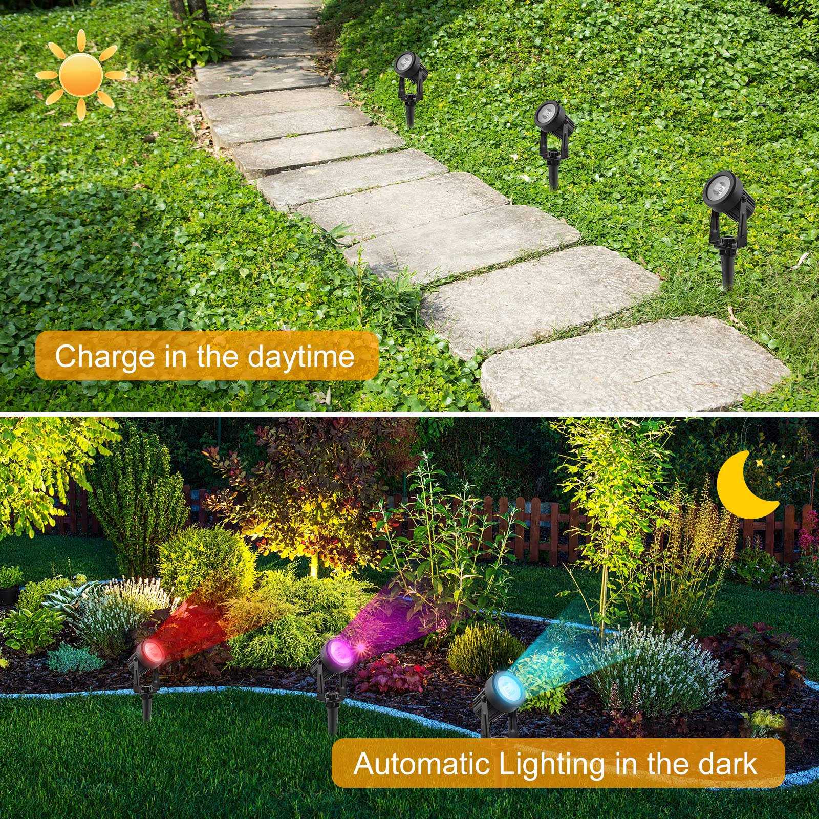 Focos Solares Para Exteriores, RGB Focos Solares de Color, Focos Solares para Jardín, IP65 Impermeables Lámpara Solar para Exteriores para Jardín, Patio, Césped, Camino 4 en 1