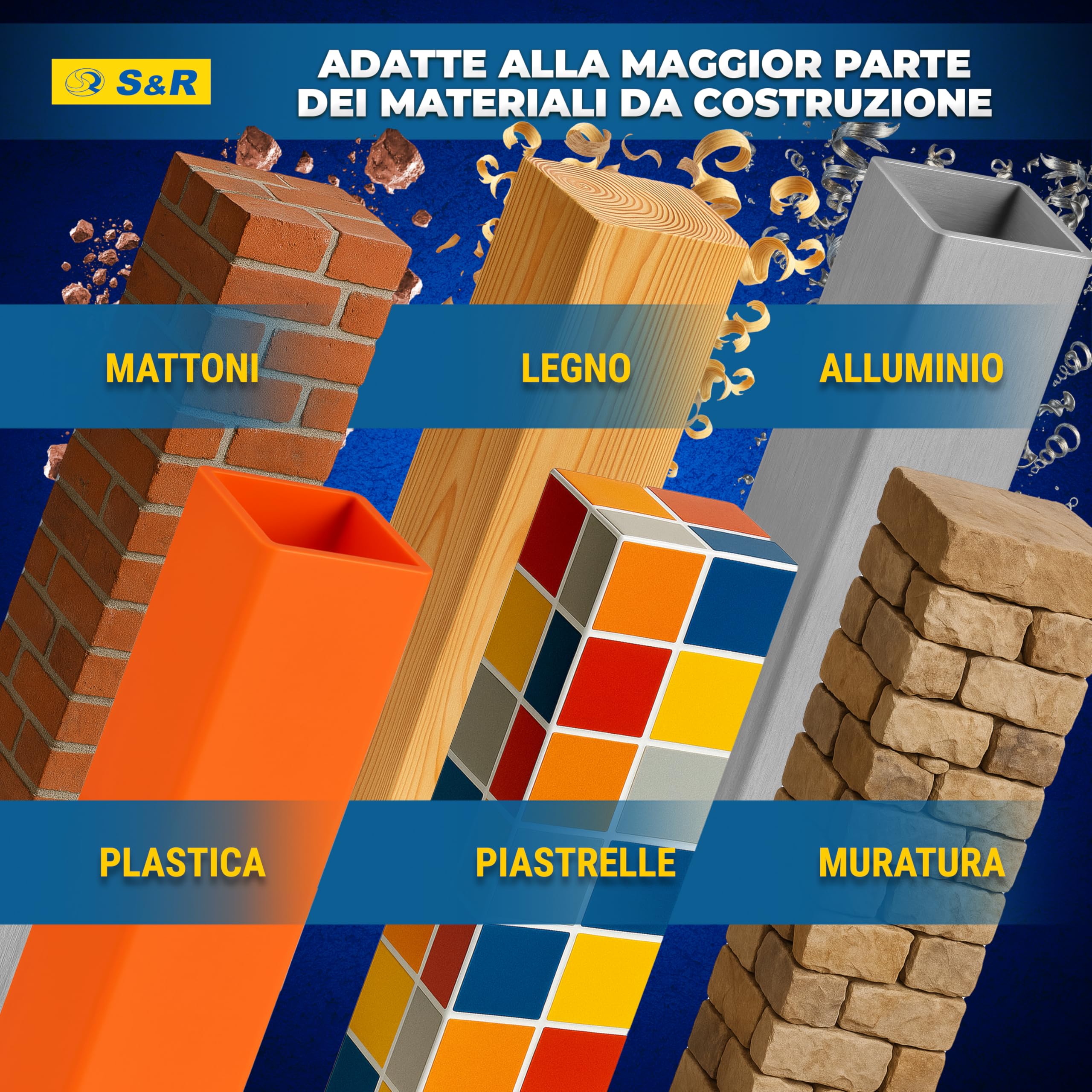 S&R 7 Punte Trapano per Muratura, Muro, Cemento. Set di Punte Miste per Ferro Metallo, Legno, Ceramica. Punte a Percussione con Attacco Rotondo.