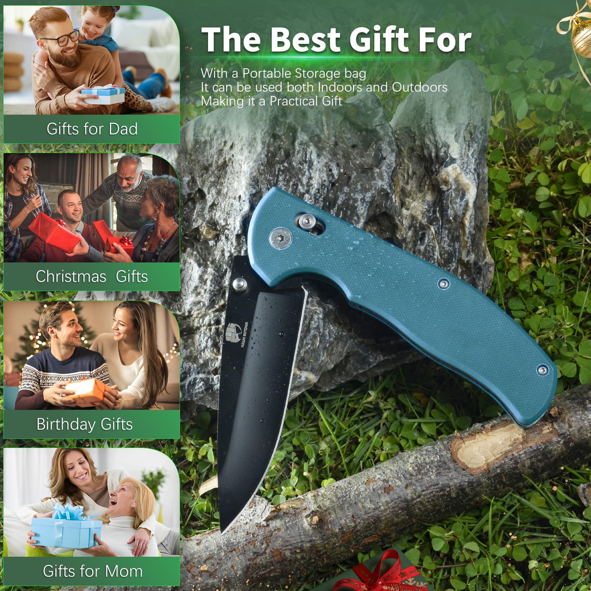 FULLHI navaja de bolsillo plegable G10 maneja con mosquetón clip para afilar Camping Supervivencia Senderismo Senderismo Cuchillos, Regalos para Mujeres Hombres Mamá Papá Amigo Regalo (Azul-negro)