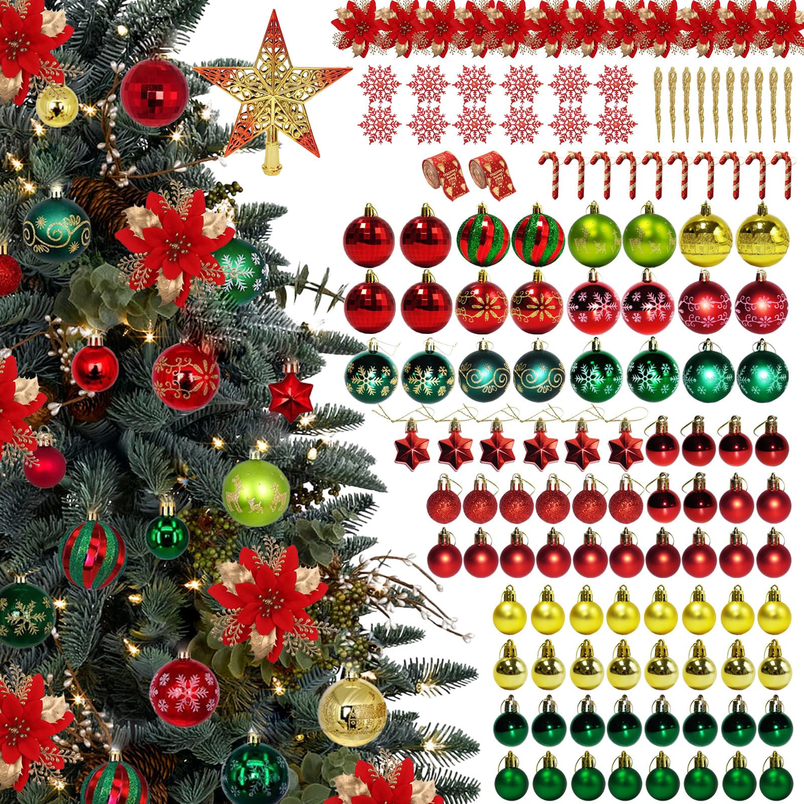 Ornamenti per albero di Natale, 135 pezzi, set di decorazioni per albero di Natale, kit di decorazione per albero di Natale infrangibile, bastoncino di zucchero da appendere, decorazione stravagante,