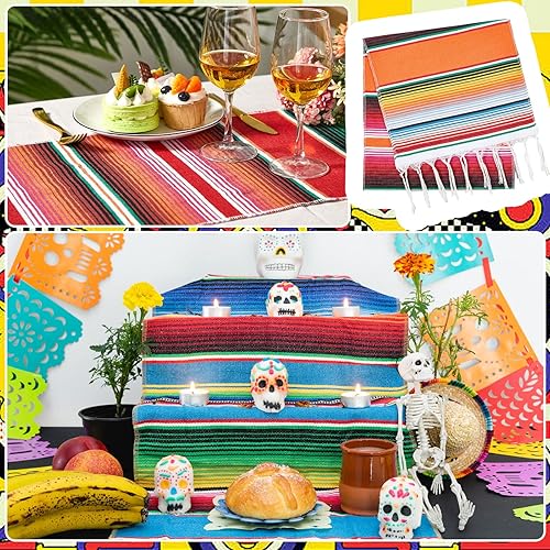 Miniatura 6 de Juego de 24 caminos de mesa mexicanos y manteles blancos de 14 x 108 pulgadas, camino de mesa de serape a rayas de color arcoíris de 54 x 108