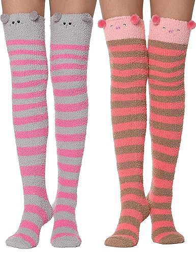 MOGGEI Womens Thigh High Fuzzy Socks Warm Winter Over Knee High Long Striped Fluffy Cozy Fleece Socks 2 Pairs - 5-10 - Striped & Animal