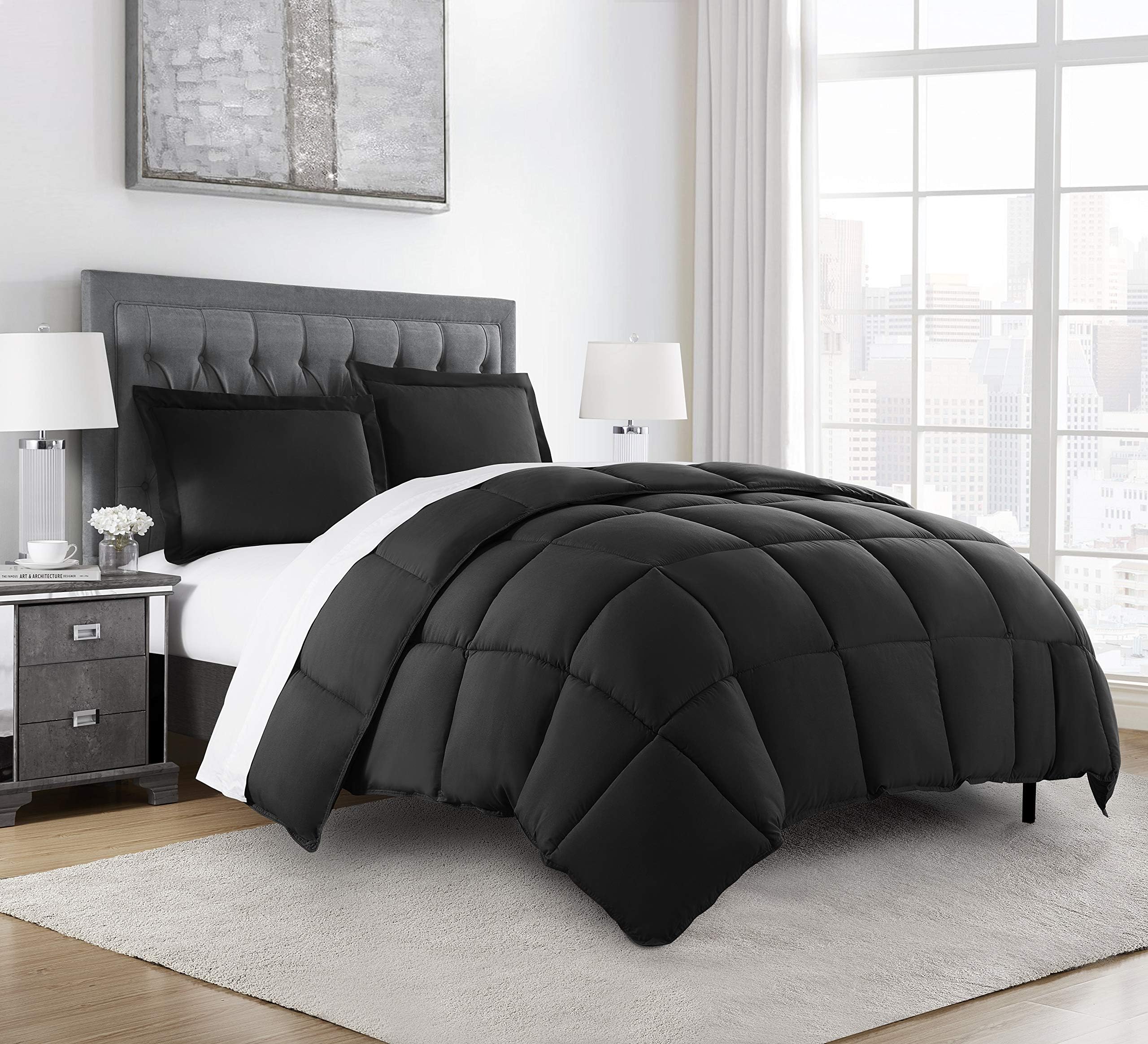 3-Piece All Season Queen Comforter Set Black, Soft Quilted Down Alernative Duvet Insert with Corner Tabs, Lightweight Microfiber Bedding, 88 x 88 Inches