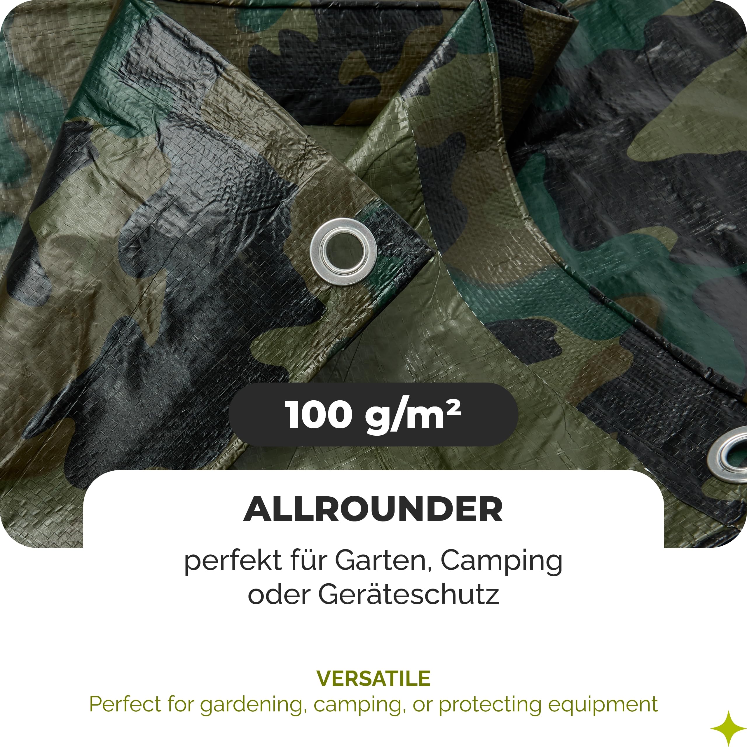 Garronda Lona Impermeable con Ojales – 5x10 m 100 g/m² – Lona PP Impermeable – Resistente a los Rayos UV, antimoho – Funda Coche, Madera, Piscina – GD-0162, Camuflaje
