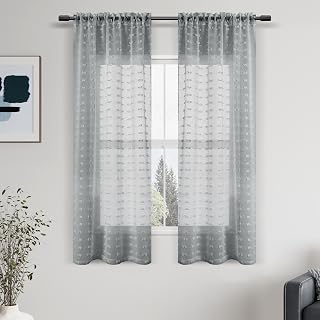 Guken Sheer Curtains 54 Inch Length 2 Panels Sets for Living Room Bedroom 38 Inch Width Farmhouse Boho Drapes Light Filtering Pom Pom Curtains Tufted Semi Sheer Kids Rod Pocket,Grey,W38xL54