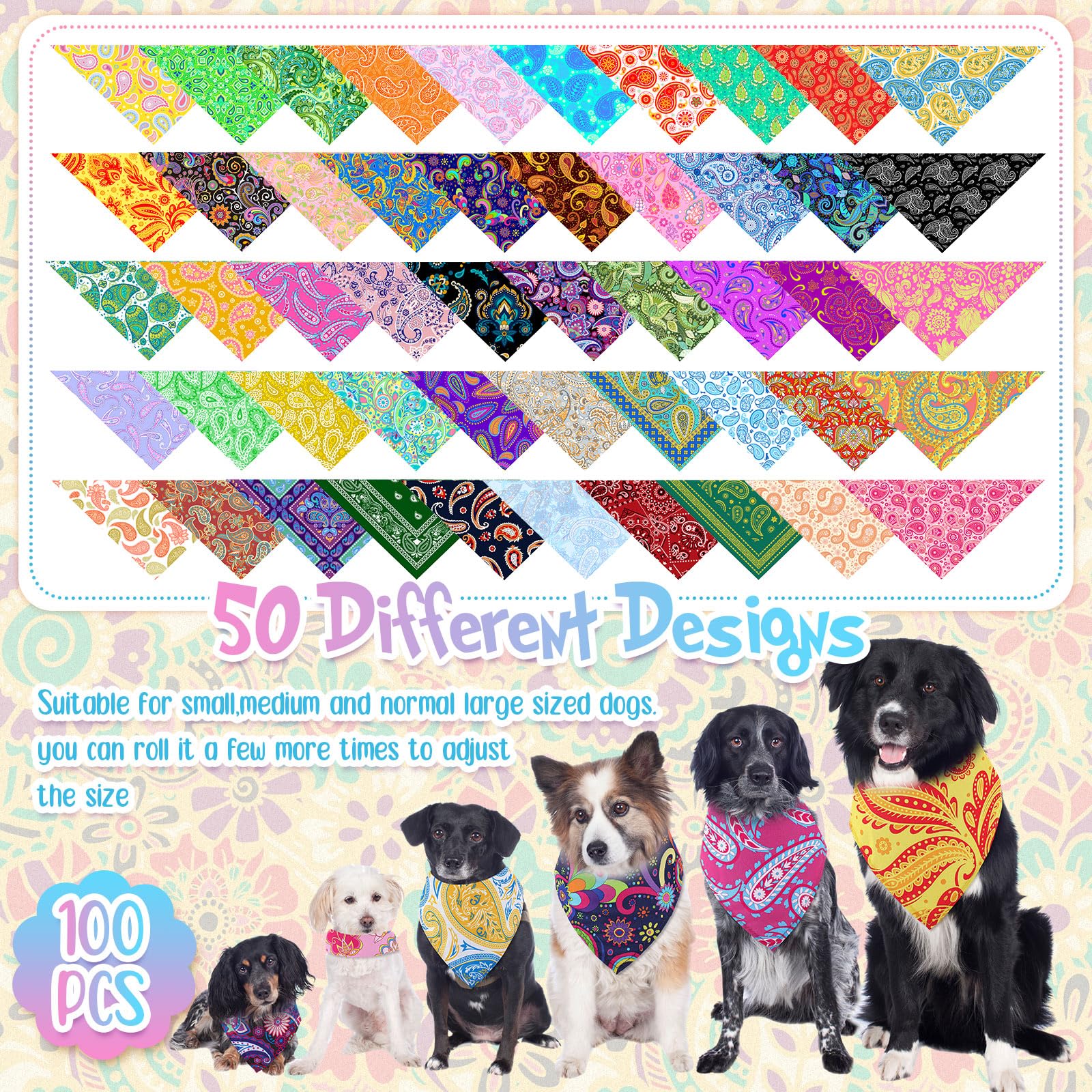 Sanwuta Hundehalstücher mit Paisleymuster, waschbar, verstellbar, für kleine, mittelgroße und große Hunde, Katzen, Kostüm-Zubehör, 100 Stück