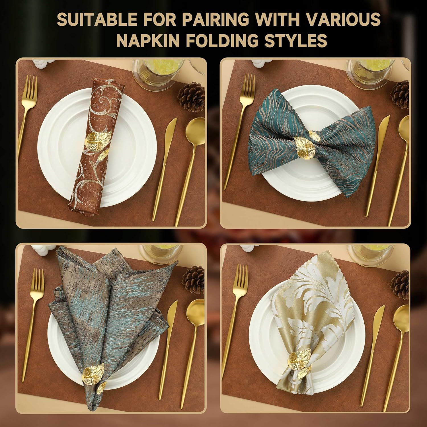 Napkin Rings Set of 24, Shiny Gold Napkin Rings, Smooth, Easy Care, Solid Metal Laurel Leaf Shaped Elegant Table Decor, Stylish Napkin Ring Bulk for Holidays Wedding, Party, New Homes Gift