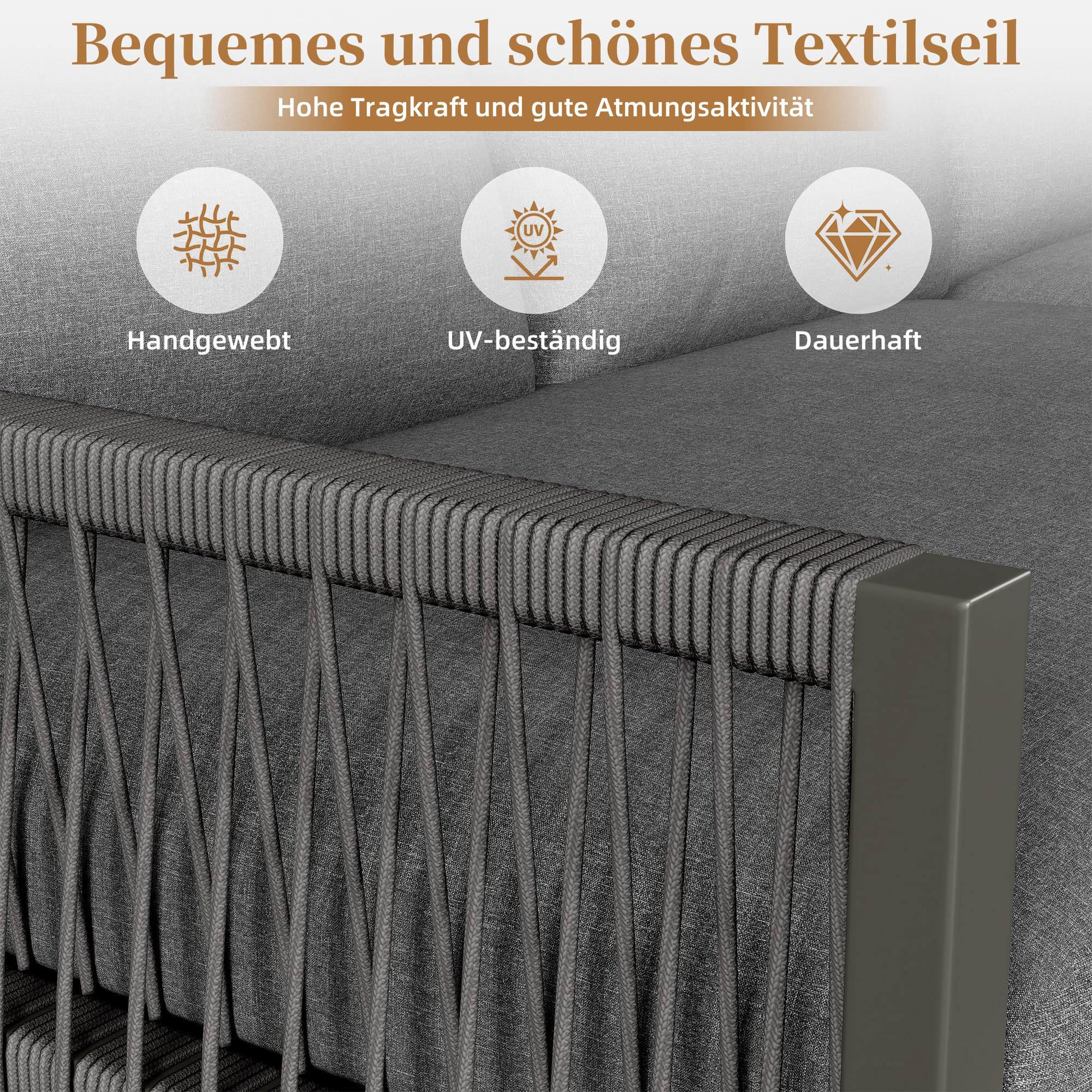 Merax Gartenmöbel Set 6-7 Personen, Sitzgruppe Gartenlounge Set mit Kissen und Sofatisch, Outdoor Ecksofa-Set aus verzinktem Eisen, handgeflochten Seil, wetterfest für Garten Balkon Terrasse, Grau