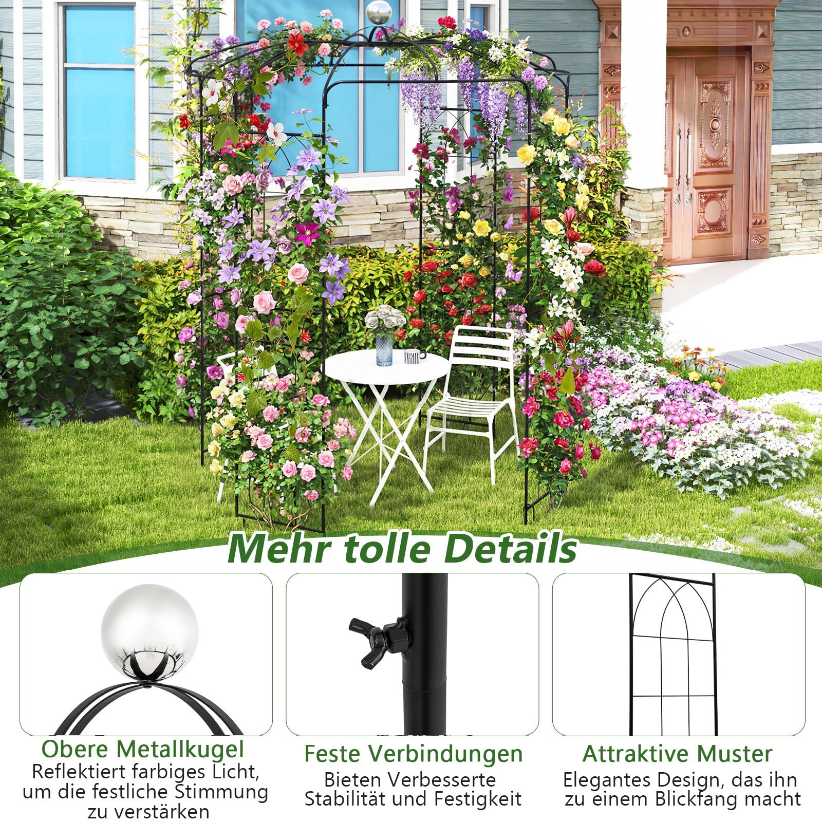 COSTWAY Rosenbogen Metall Rosenpavillon, Gartenbogen für Kletterpflanzen, Torbogen Garten, Rosengitter Rankhilfe, Rankgitter Gartenpavillon, Rankbogen für Veranda Hochzeit Partys, 198 x 198 x 284 cm