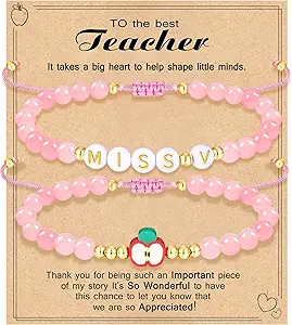 Teacher Appreciation Bracelet Gifts for Women Initial Beaded Bracelets Back to School Thank You Teacher Gifts 2pcs Link Bracelet New Teacher Graduation Gift Birthday Retirement Teachers' Day Jewelry