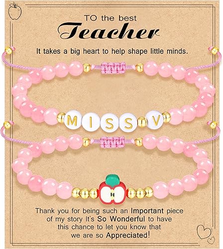 Teacher Appreciation Bracelet Gifts for Women Initial Beaded Bracelets Back to School Thank You Teacher Gifts 2pcs Link Bracelet New Teacher Graduation Gift Birthday Retirement Teachers' Day Jewelry