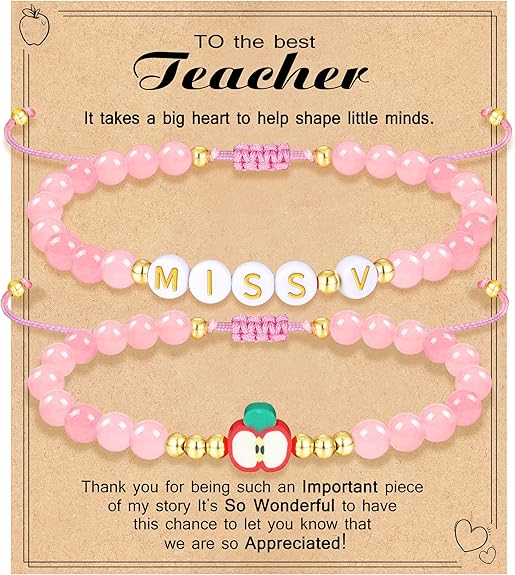 Teacher Appreciation Bracelet Gifts for Women Initial Beaded Bracelets Back to School Thank You Teacher Gifts 2pcs Link Bracelet New Teacher Graduation Gift Birthday Retirement Teachers' Day Jewelry