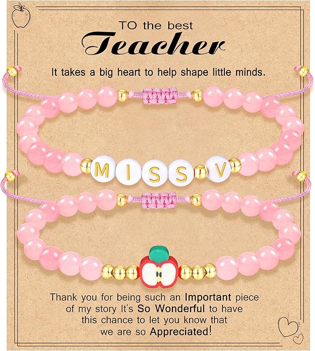 Teacher Appreciation Bracelet Gifts for Women Initial Beaded Bracelets Back to School Thank You Teacher Gifts 2pcs Link Bracelet New Teacher Graduation Gift Birthday Retirement Teachers' Day Jewelry