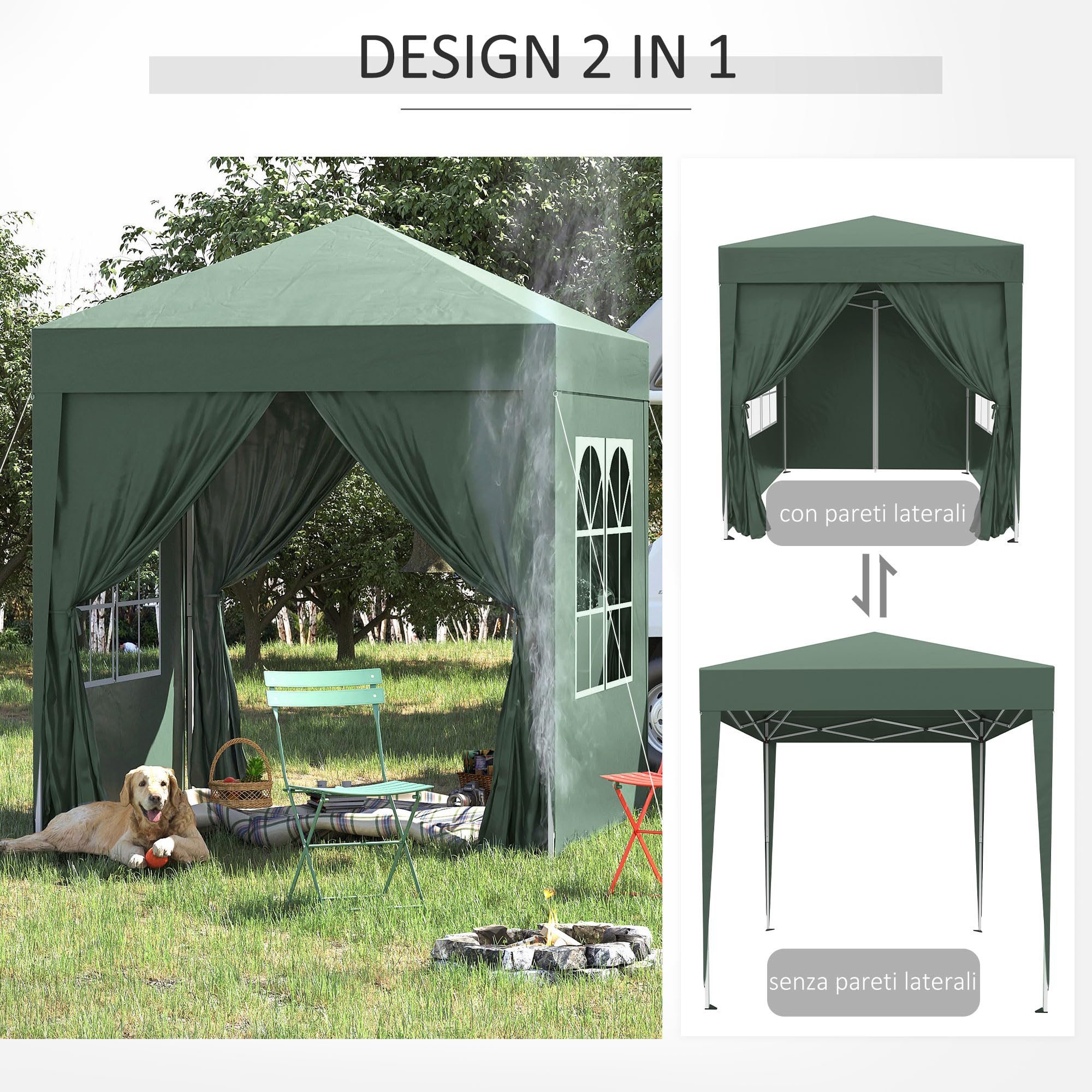 Outsunny Gazebo 2x2 m Pop-up Impermeabile con 4 Pareti Rimovibili, Gazebo Pieghevole in Metallo e Poliestere con Borsa da Trasporto, Verde