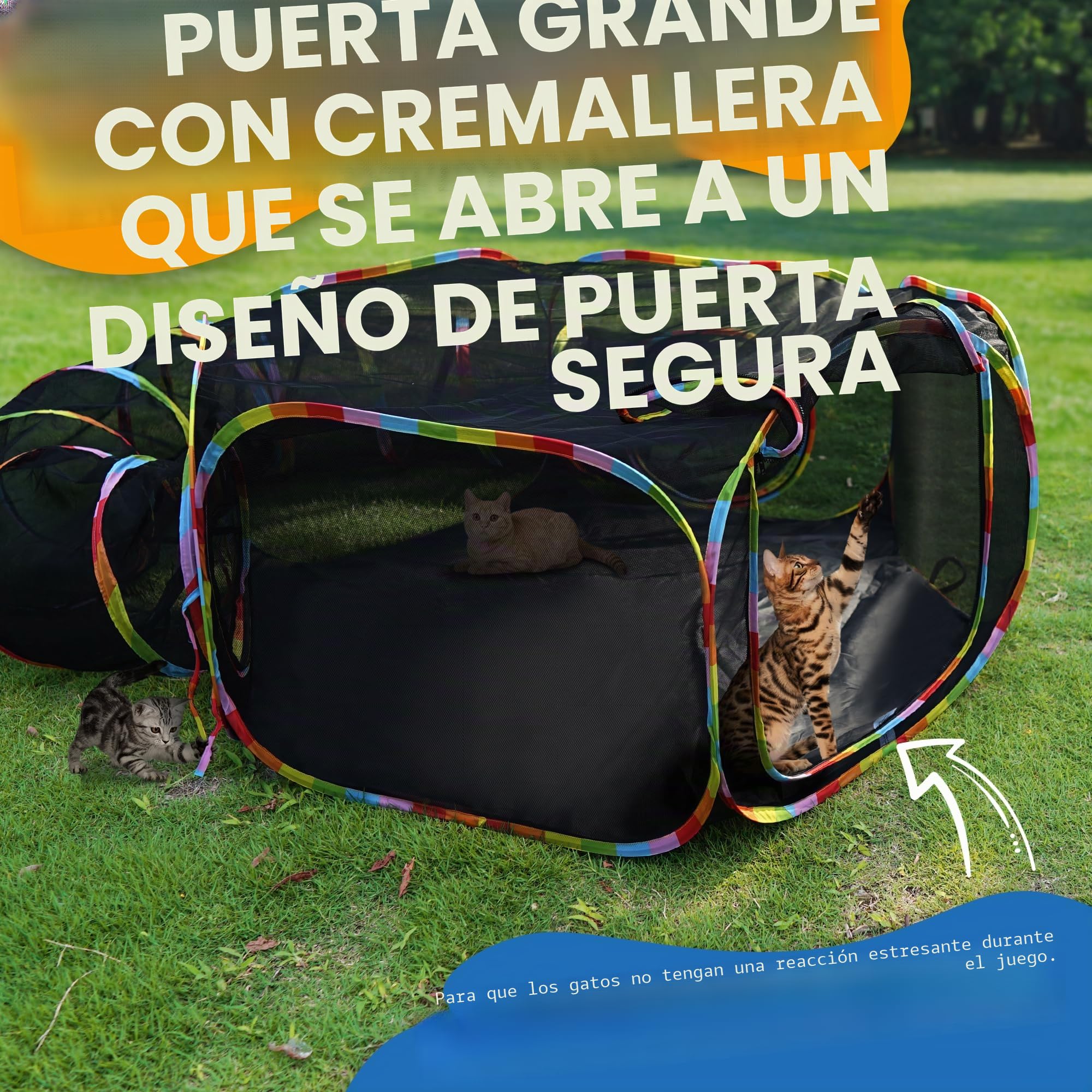 Túnel y tienda de campaña para gatos al aire libre, color arcoíris, recinto de malla con túnel de conexión