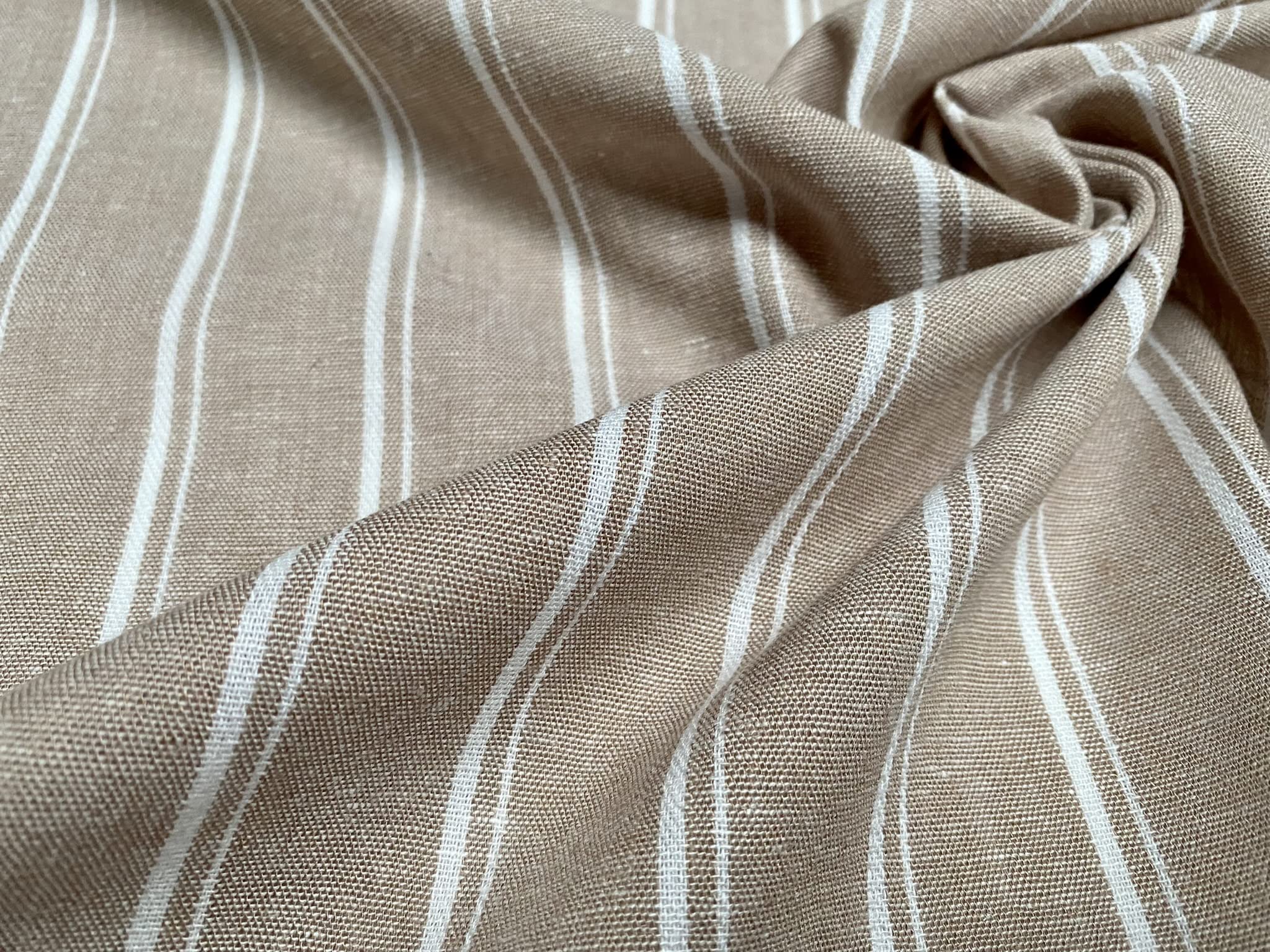 Silky Linen Blend Marine Stripe Fabric Light White Striped Material Home Decor, Dressmaking - 145cm Wide (Sold by The Metre) (Beige)