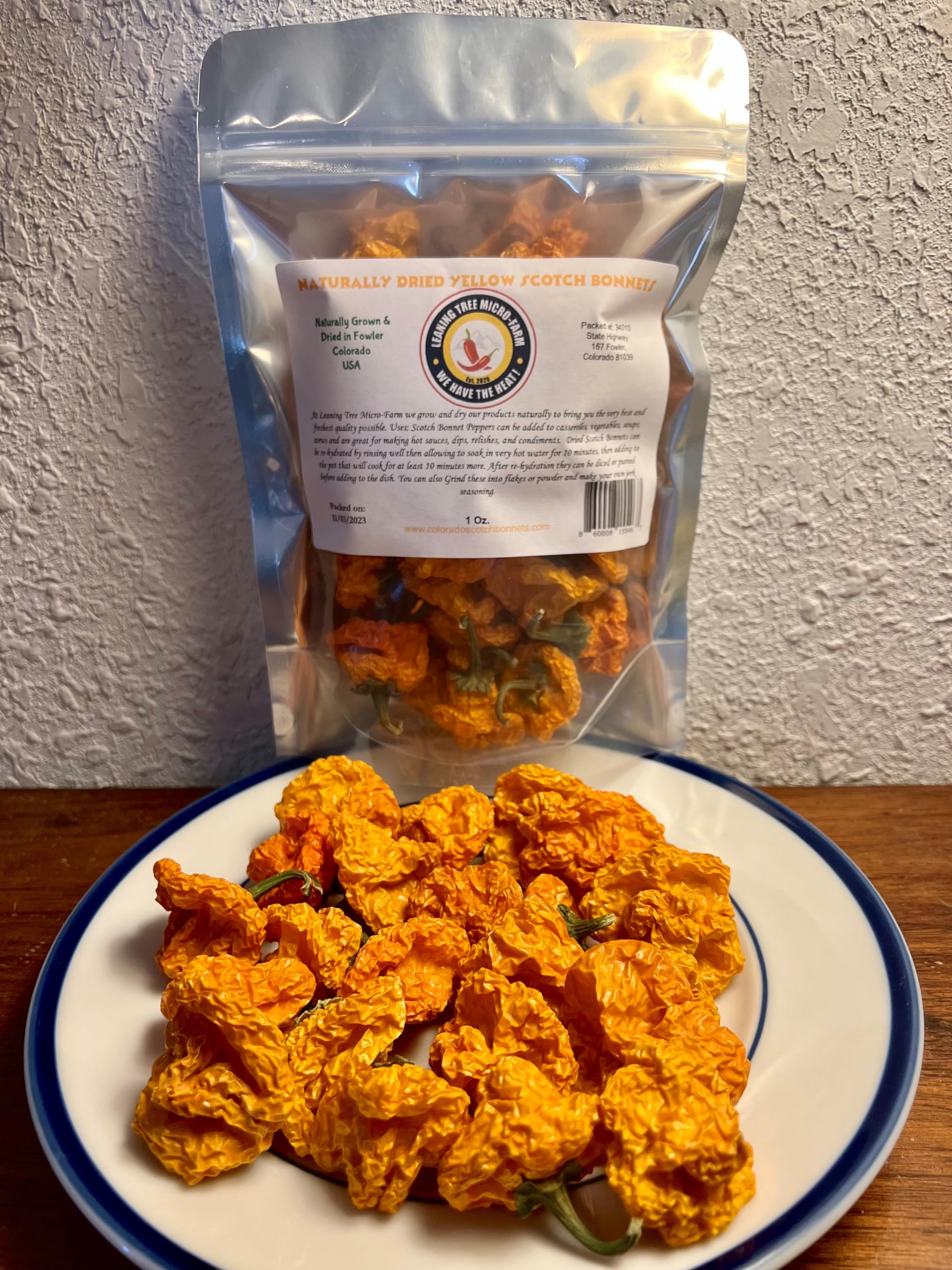 Leaning Tree Micro-Farm Naturally Dried Scotch Bonnet Peppers-Yellow- 1 oz. Resealable Mylar bag-18-22 Peppers per bag