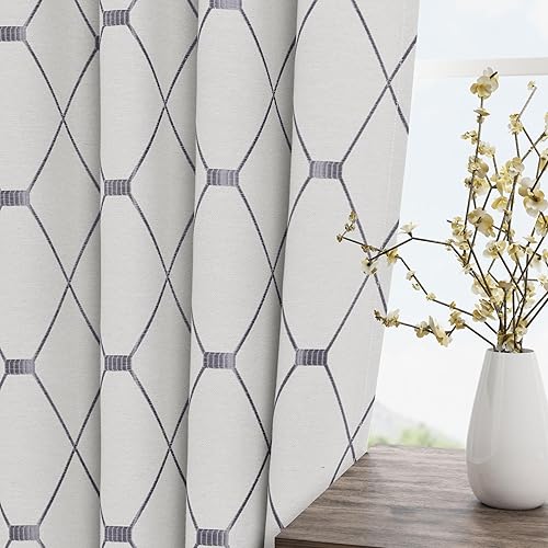 Miniatura 2 de Cortinas texturizadas de lino blanco roto de 90 pulgadas de largo para sala de estar, juego de 2 paneles con pestaña trasera, con bloqueo de luz