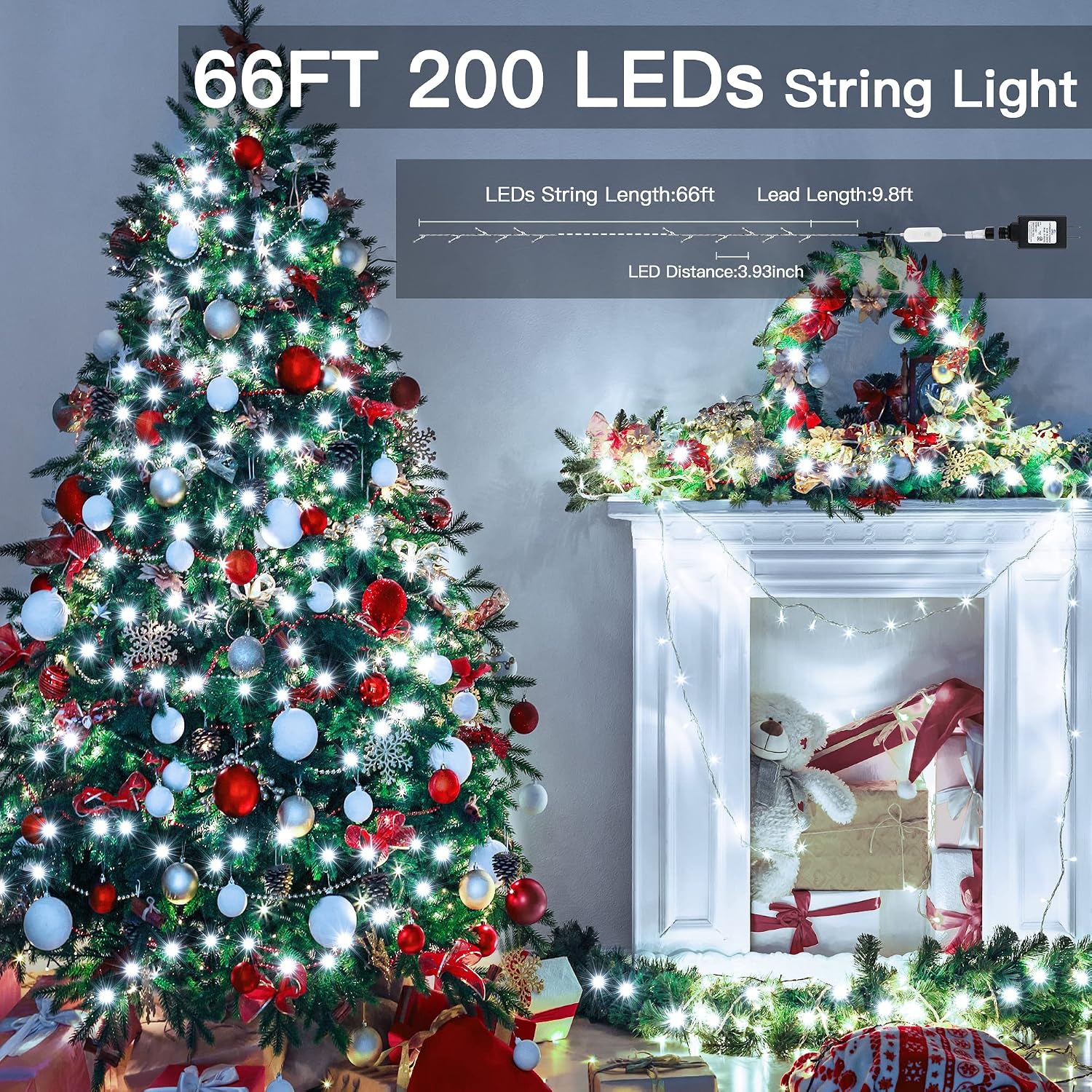 Ollny Christmas Lights Outdoor String Lights 200LED/66FT Plug-in with Remote Waterproof Fairy Lights 8 Modes Timer Lights for Xmas Tree Thanksgiving Indoor Bedroom House Decorations, Cool White
