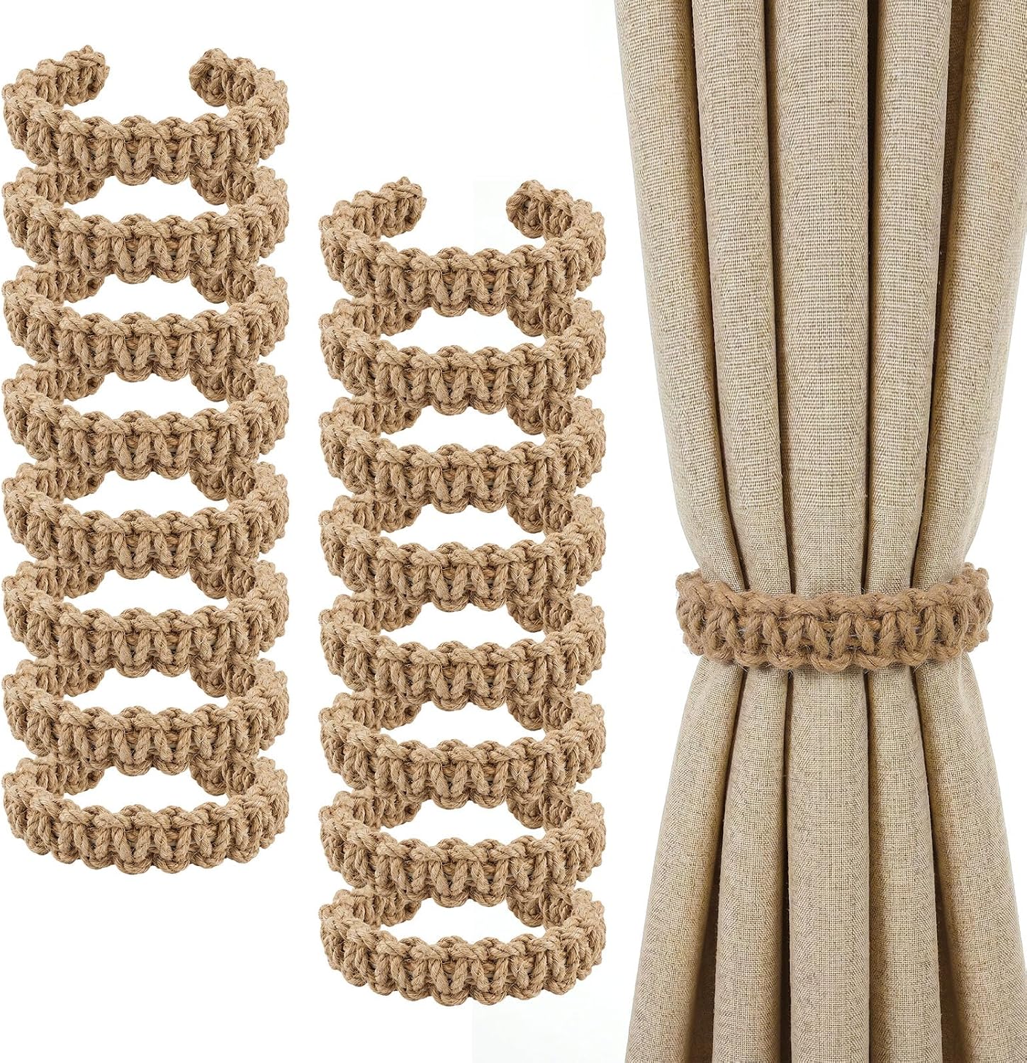 16 Pack Braided Curtain Tiebacks, Rustic Curtain Holdbacks Decorative | Farmhouse Rustic Curtains Tiebacks Bendable and Adjustable Rope Drapes Holder for Bedroom and Office-Brown, 8.6 Inch