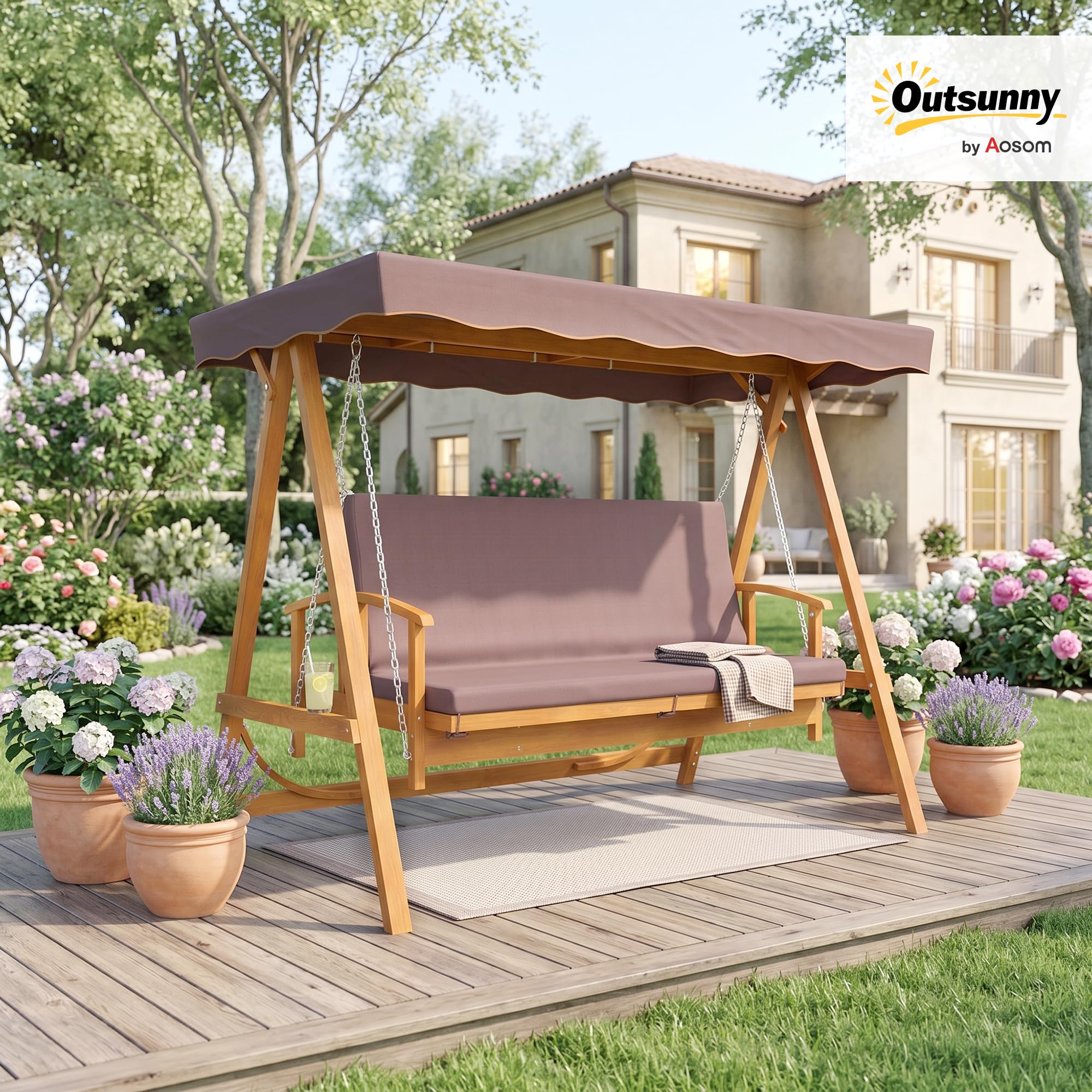 Outsunny Altalena da giardino 2 in 1 con funzione allungata, 3 posti, in legno, con tetto parasole, seduta, panca a dondolo fino a 330 kg, per giardino, terrazza, 236 x 130 x 181 cm, marrone