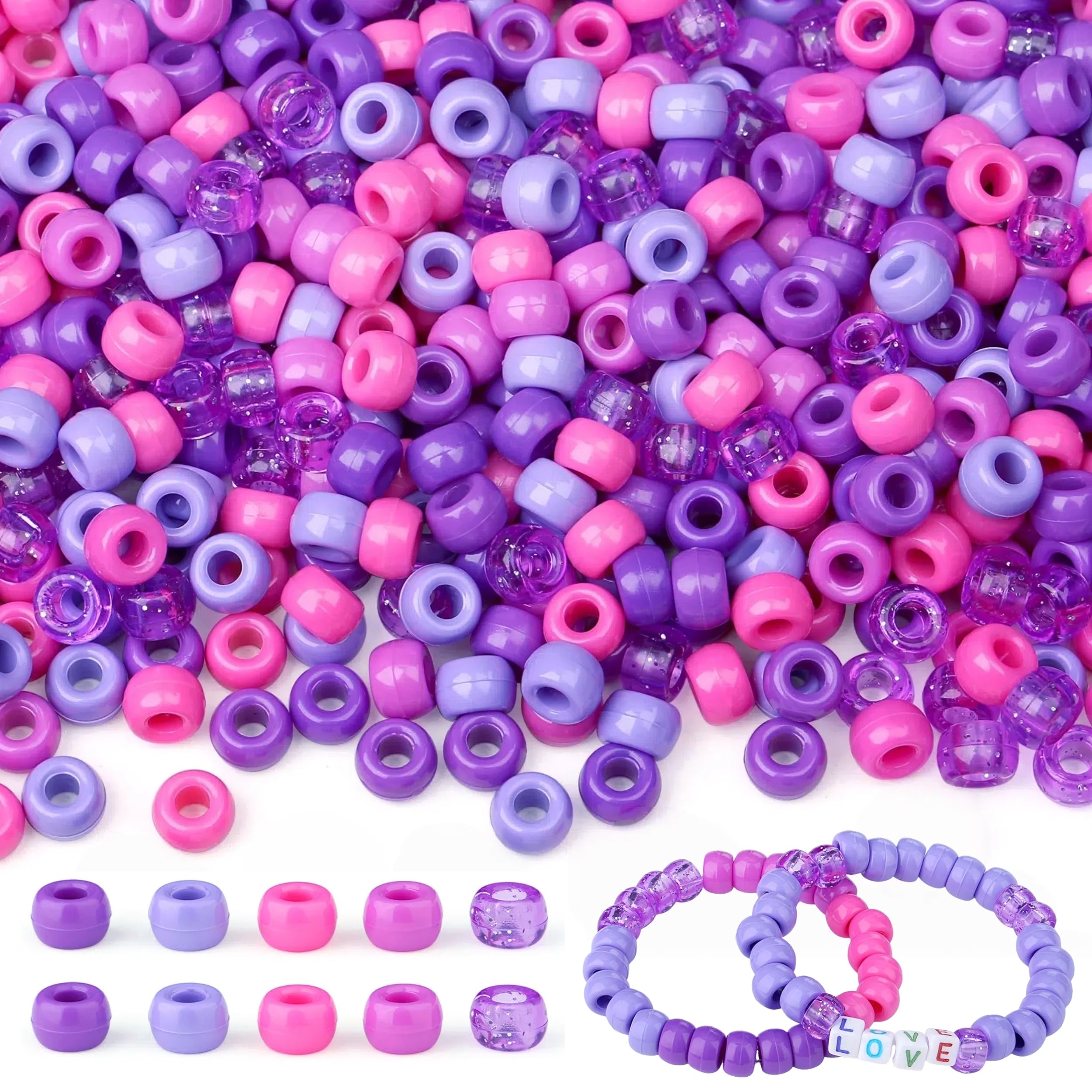 LAIDANLA 1000pcs Purple Pony Beads Bulk for Bracelet Making 6x9mm Hair Beads for Braids Bead for Craft Holiday Party Mix Purple Bead