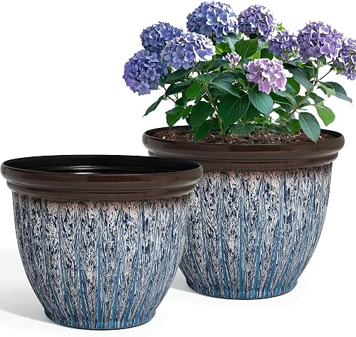 15" Large Flower Pots, 2-Pack Big Plastic Planters for Outdoor Plants | Plant Pot with 3D Textures, Artistic Floating Blue Brown Glaze, Weather-Resistant for Porch, Garden, Patio Yard or Indoor Use