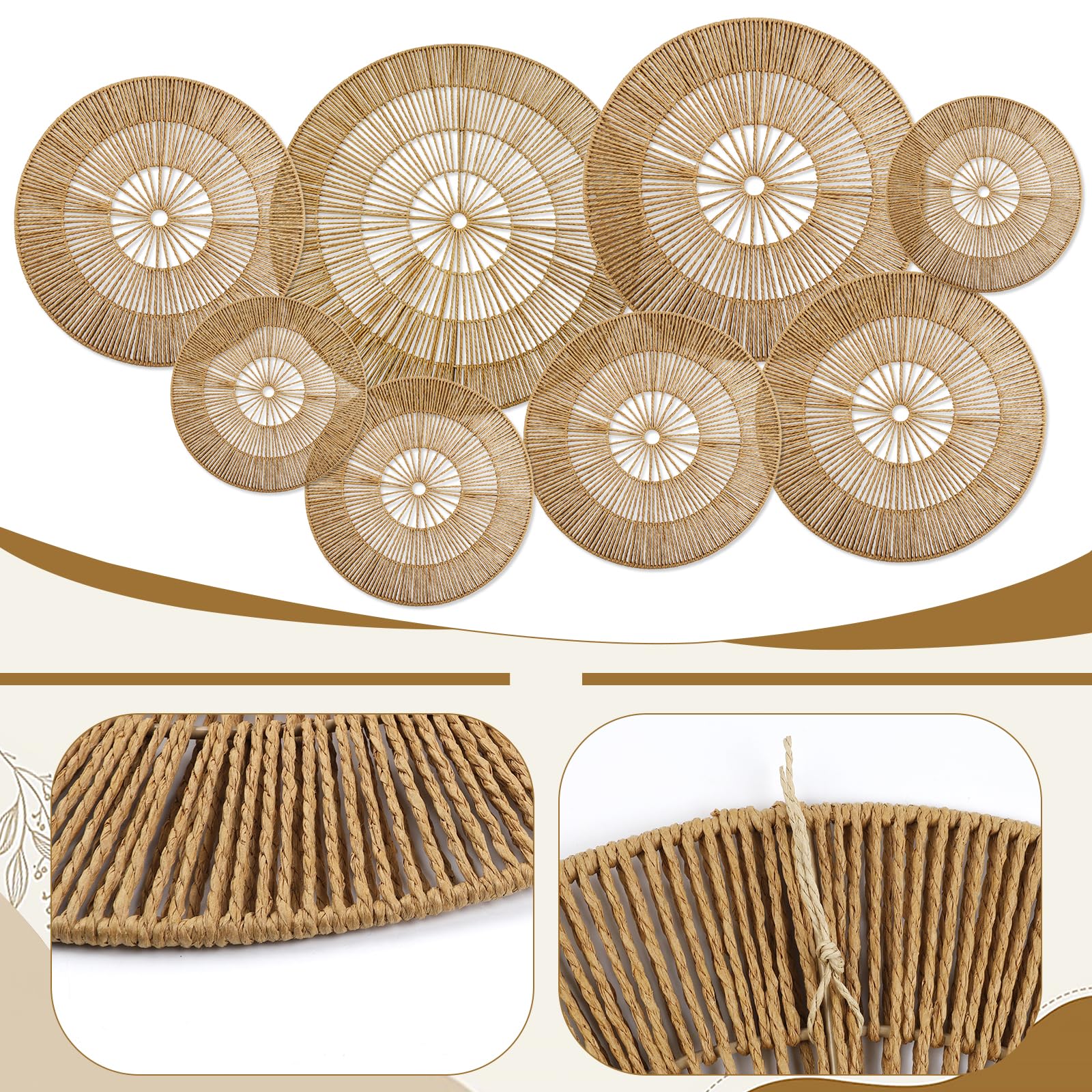 YIYA Set da 8 Decorazioni Murali Boho Cesti Murali Rotondi in Rattan Intrecciati a Mano, Arte Murale Sospesa in Rattan per Soggiorno Casa di Campagna e Camera da Letto