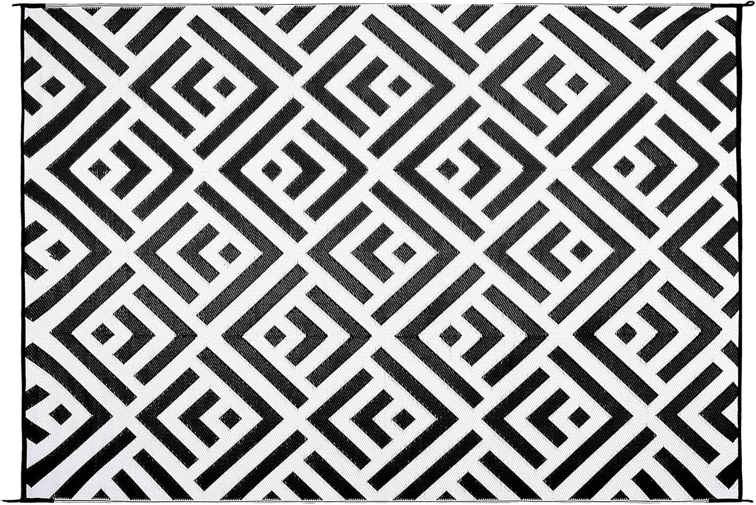Stylish Camping TD8111 8-feet by 11-feet Reversible Mat, Recycled Plastic, Home, Patio, RV, Camping, Picnic, Beach - Geo Design Mat (Black/White) 8' x 11' (Rectangular)