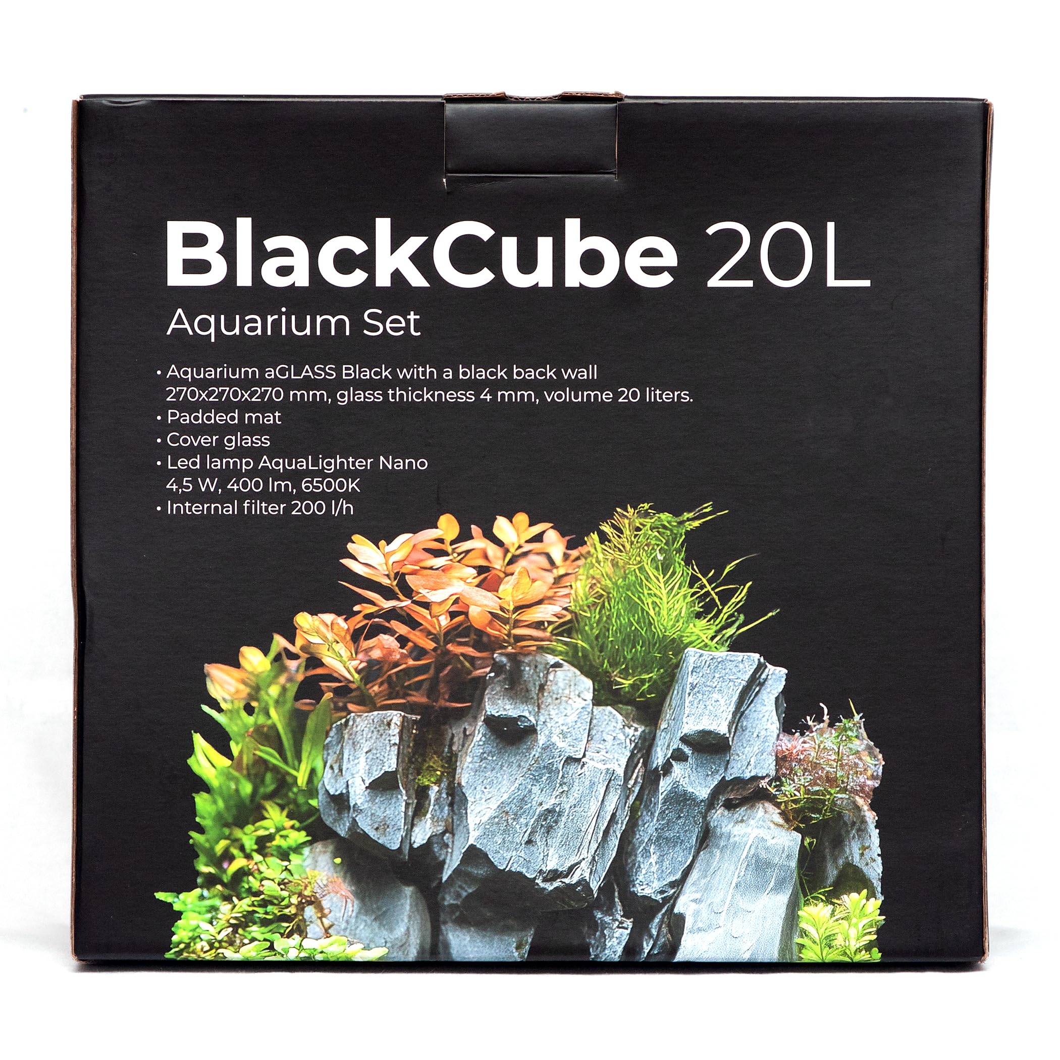 Nano-Aquarium Black Cube 20 L mit LED-Beleuchtung, Abdeckscheibe und Unterlegmatte für Garnelen, Krebse und kleine Fische