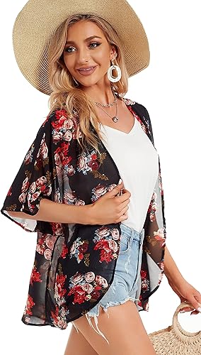 Miniatura 4 de Cárdigan estilo kimono con estampado floral y manga holgada para mujer, blusa casual, salidas de baño