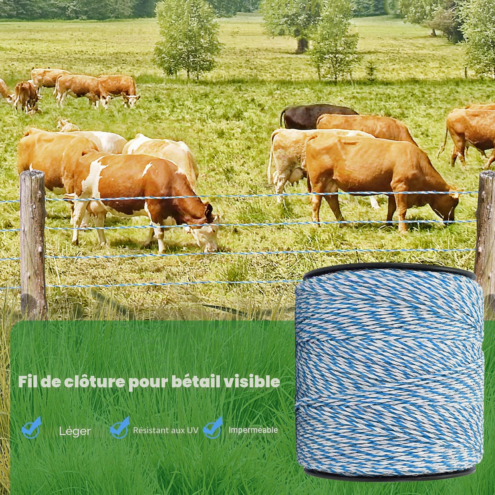 Qivine 500m Fil de Clôture Électrique, 6 Brins Corde de Clôture Électrique, Corde Conductrice en Acier Inoxydable, Accessoire de Haute Conductivité pour Ferme, Bétail, Mouton