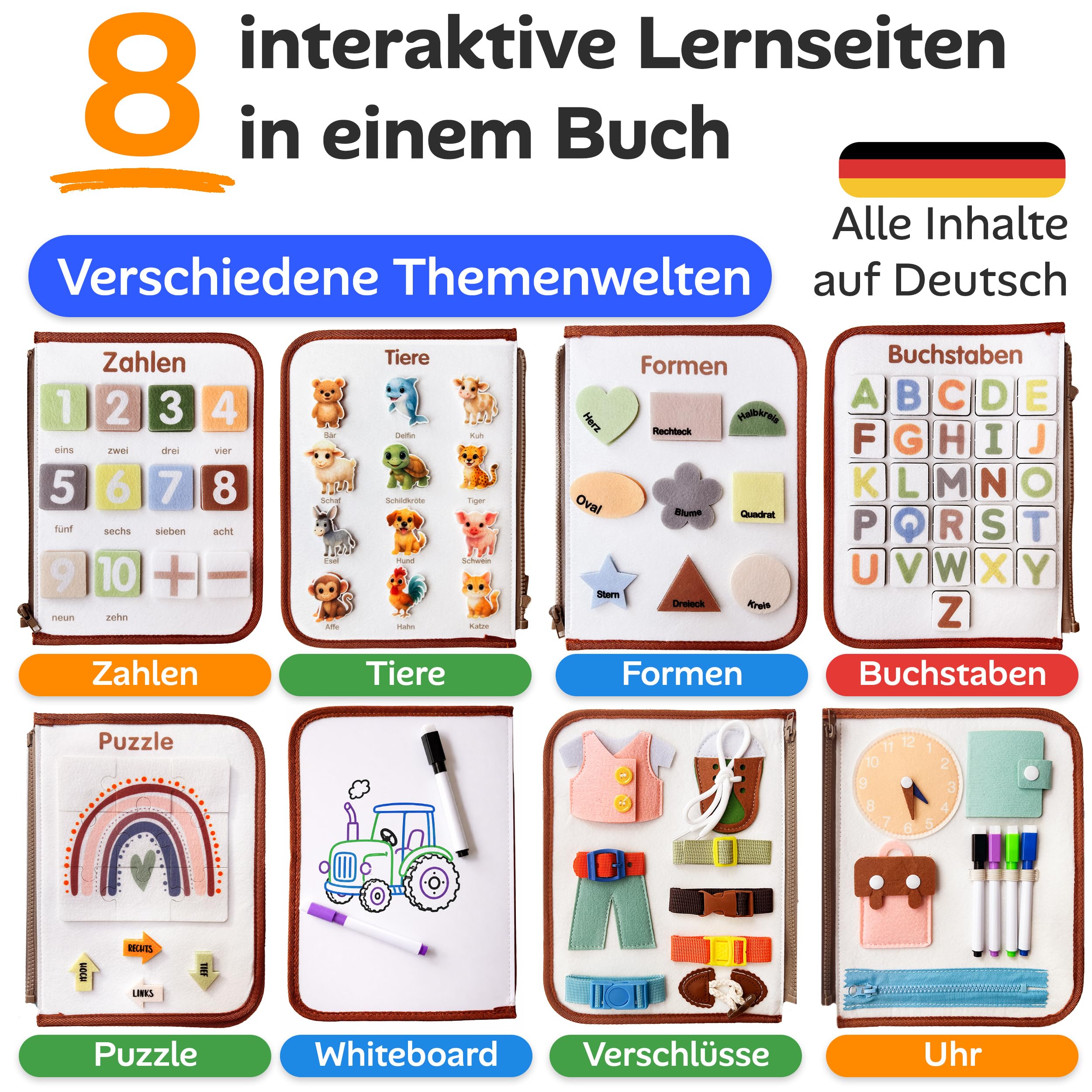 Busy Book ab 3 Jahre – Lernspielzeug für unterwegs – Beschäftigungsbuch für Auto & Flug – Montessori Aktivitätsbuch für Kleinkinder – abwaschbares Cover – Geschenk für Jungen & Mädchen