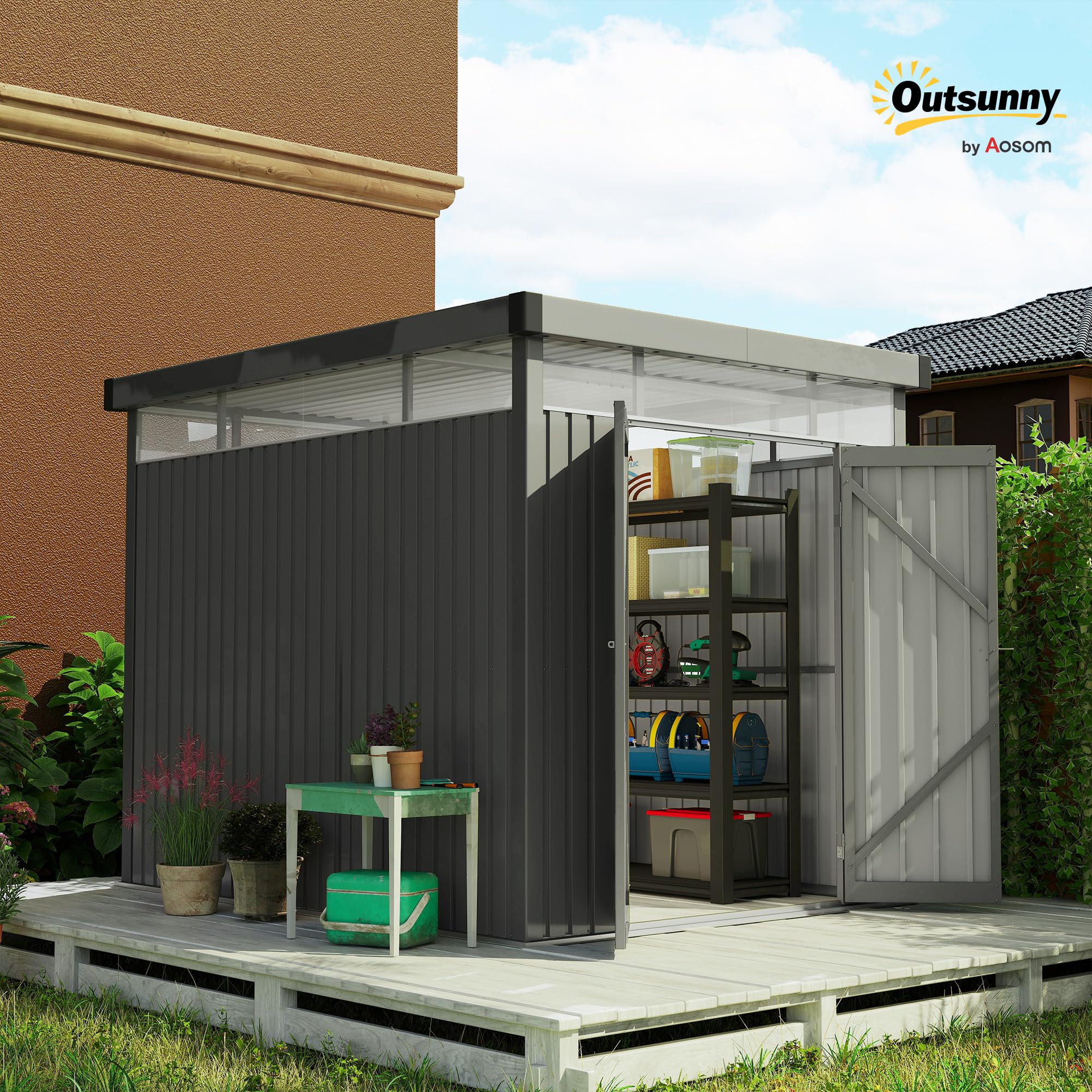 Outsunny Casetta da Giardino 4m² Acciaio Zincato con Fori di Drenaggio Finestre Trasparenti Acrilico Capanno Porta Attrezzi Tetto Grigio Scuro