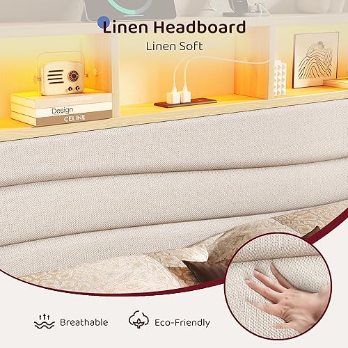 Miniatura 5 de Base de cama tamaño Queen con 6 cajones de almacenamiento, plataforma tapizada de lino con estación de carga y luces LED, diseño de cabecera en