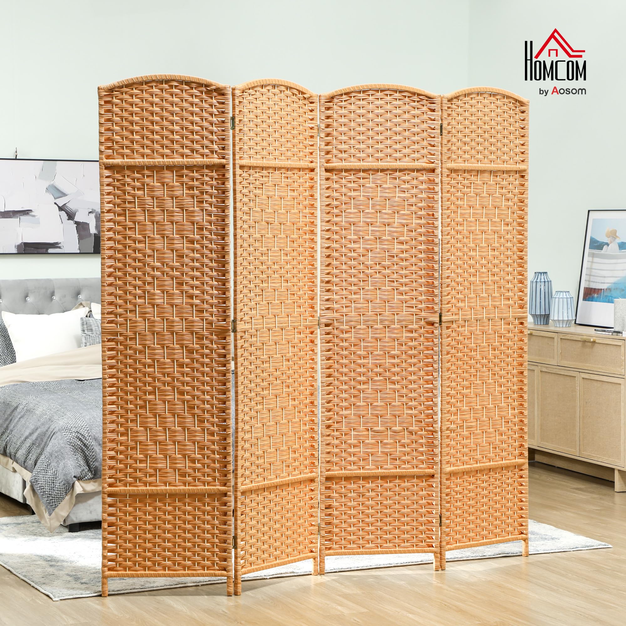 HOMCOM Paravent Intérieur en Bois, 4 Panneaux, 180 x 180 cm, Séparateur de Pièce Pliable, pour Salon, Chambre à Coucher, Maison, Brun Clair