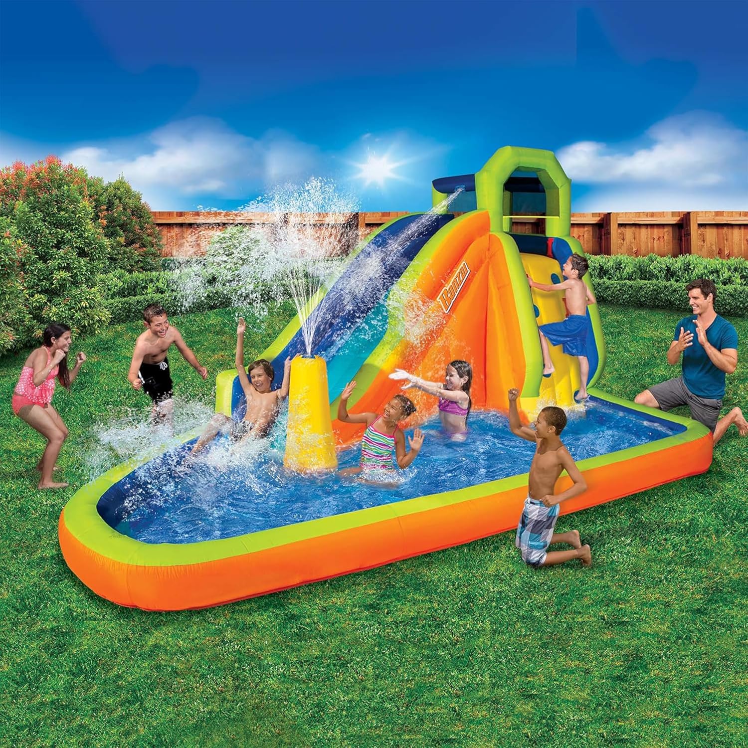 Banzai Gushing Geyser Water Spraying Inflatable Outdoor Water Park with Water Slide, Overhead Sprinkler, Spraying Hose, and Splash Pool, Multicolor