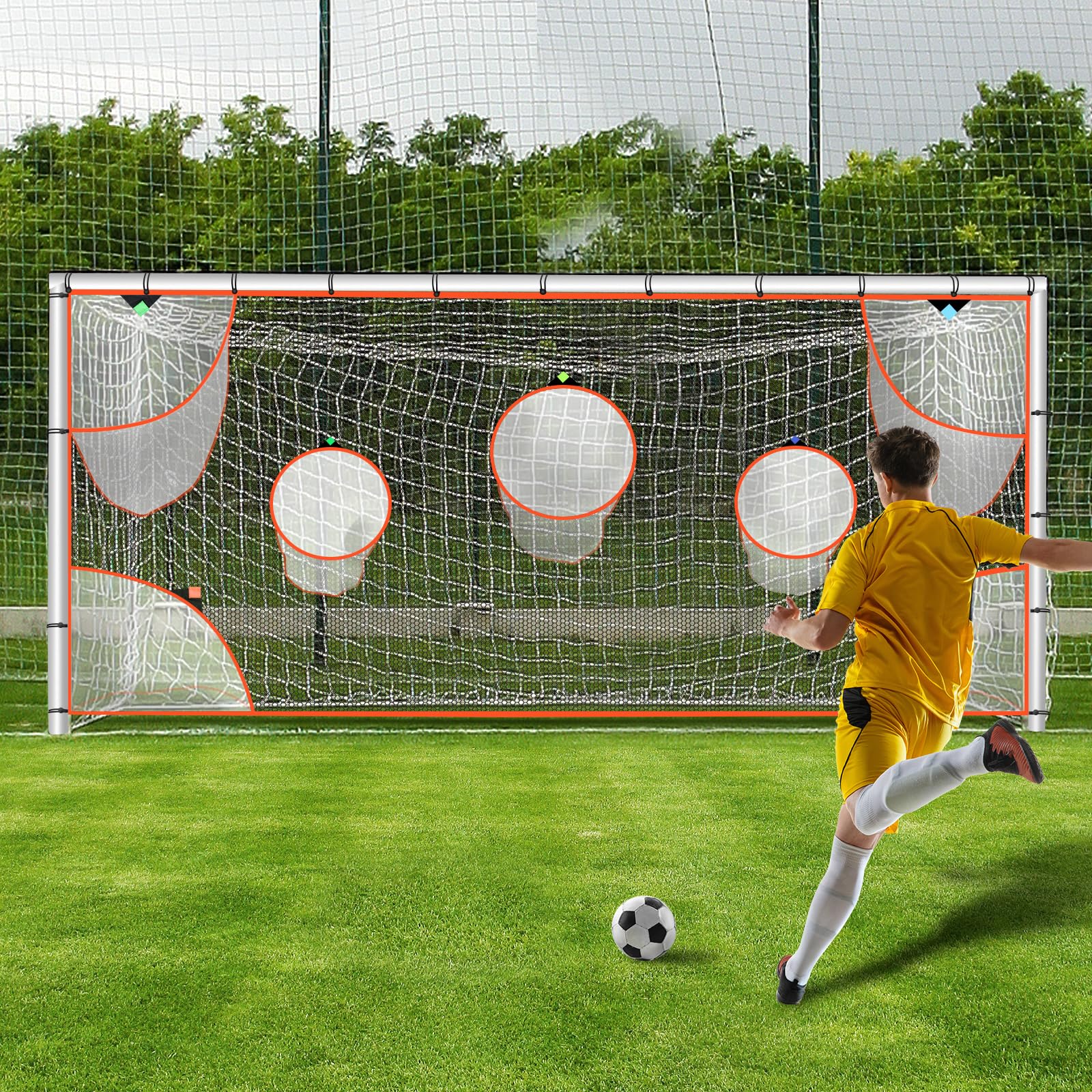 Questa Rete da Porta da Calcio, con 7 Zone di tiro Colorate e Ben evidenziate, è Portatile e Facile da riporre (Solo Rete e Telaio Non Inclusi).