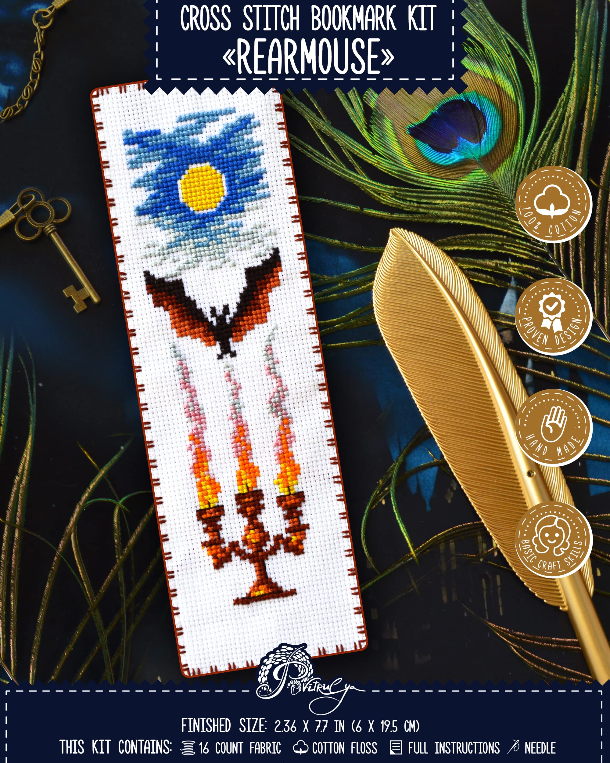 Rearmouse Counted Cross Stitch Kit for Adults - DIY Embroidery Book Marker Set with Paper Pattern, 16 Count Aida Canvas and Pre-Sorted Floss