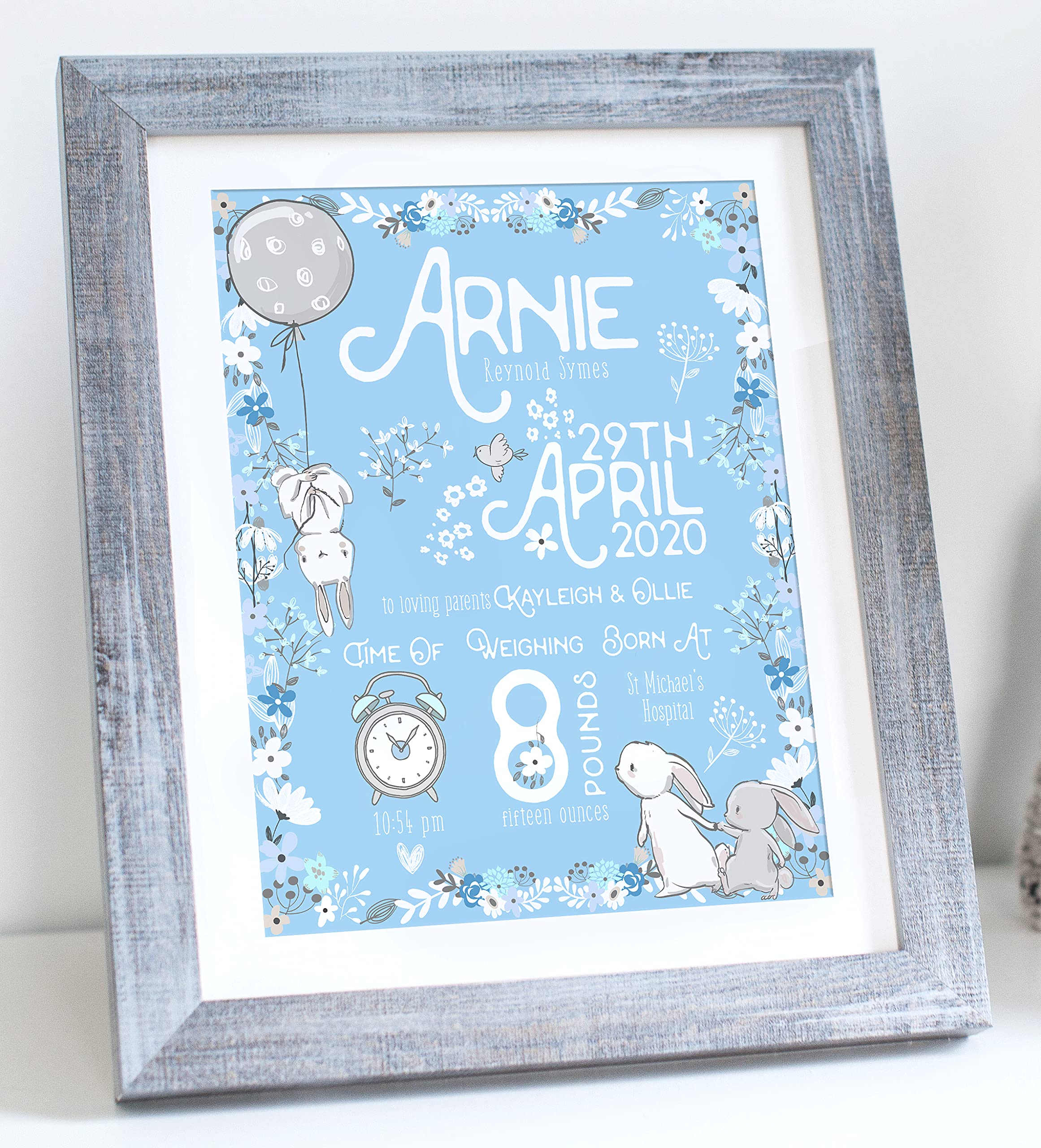 The Whistling Wren New Baby BLUE RABBIT Birth Print - New Baby Boy Gift - Baby Christening Gift - FRAMED or UNFRAMED (Blue)
