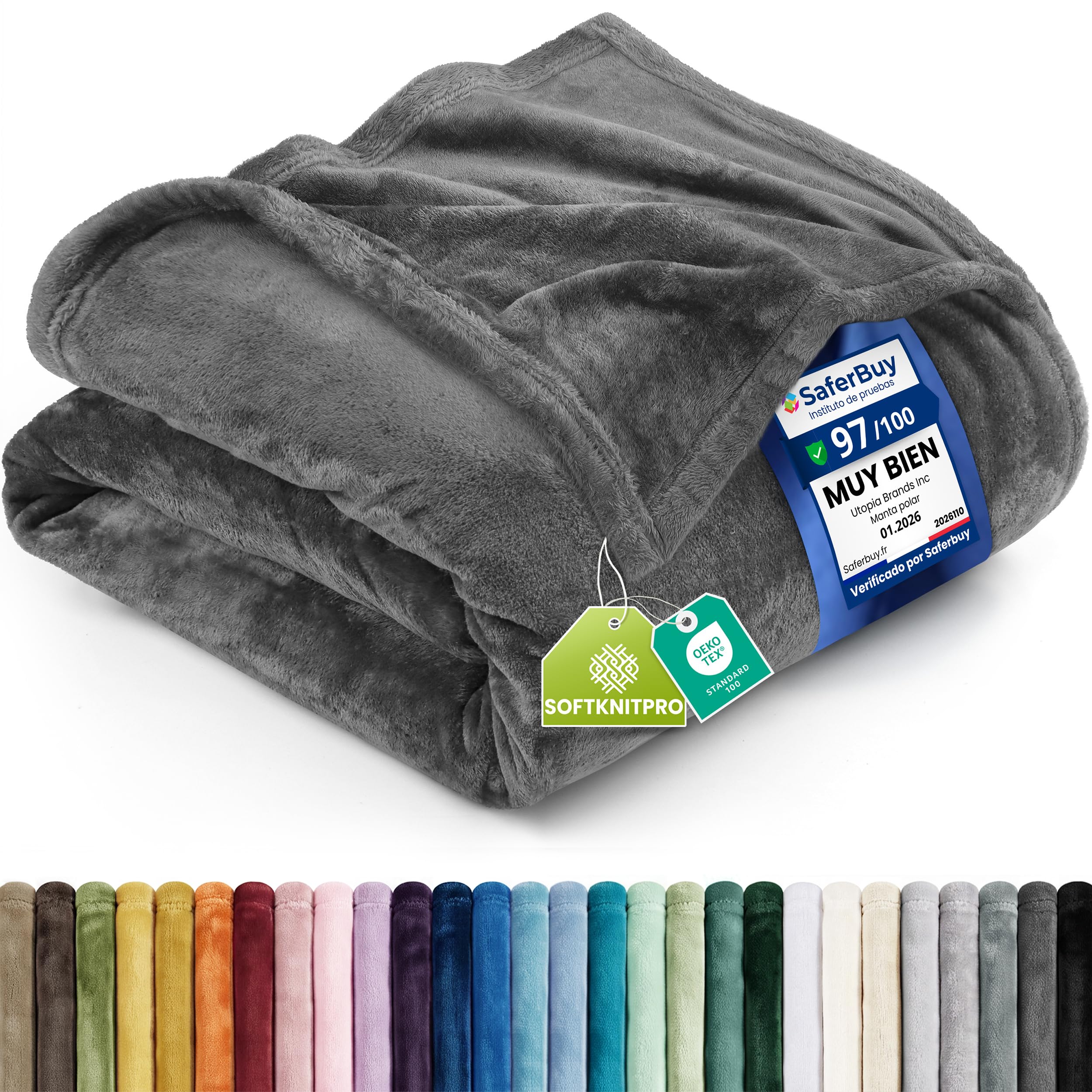 Utopia Bedding Manta Franela Polar, Manta para Sofá - (Gris, 228x228 cm) | Manta de Microfibra – Cálida Plaid ligera y cálida para Cama, Sofa o sillón – Apta Para Todas las Estaciones OEKO-TEX STANDARD 100