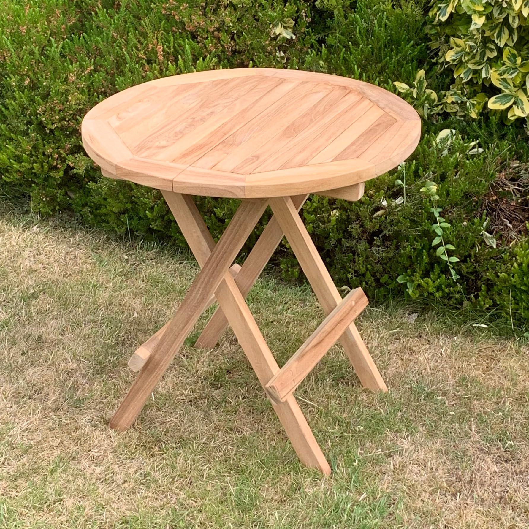 MAISONICA 50cm Round Teak Picnic Garden Table Wooden Slatted Folding Indonesian A Grade Teak