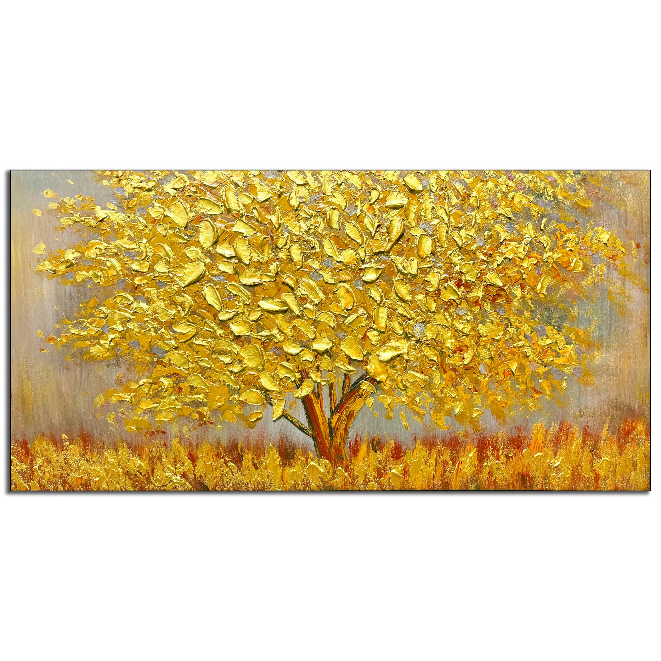Fokenzary Lienzo pintado a mano abstracto moderno con flores de árbol grande grueso efecto 3D enmarcado, listo para colgar (dorado/M)