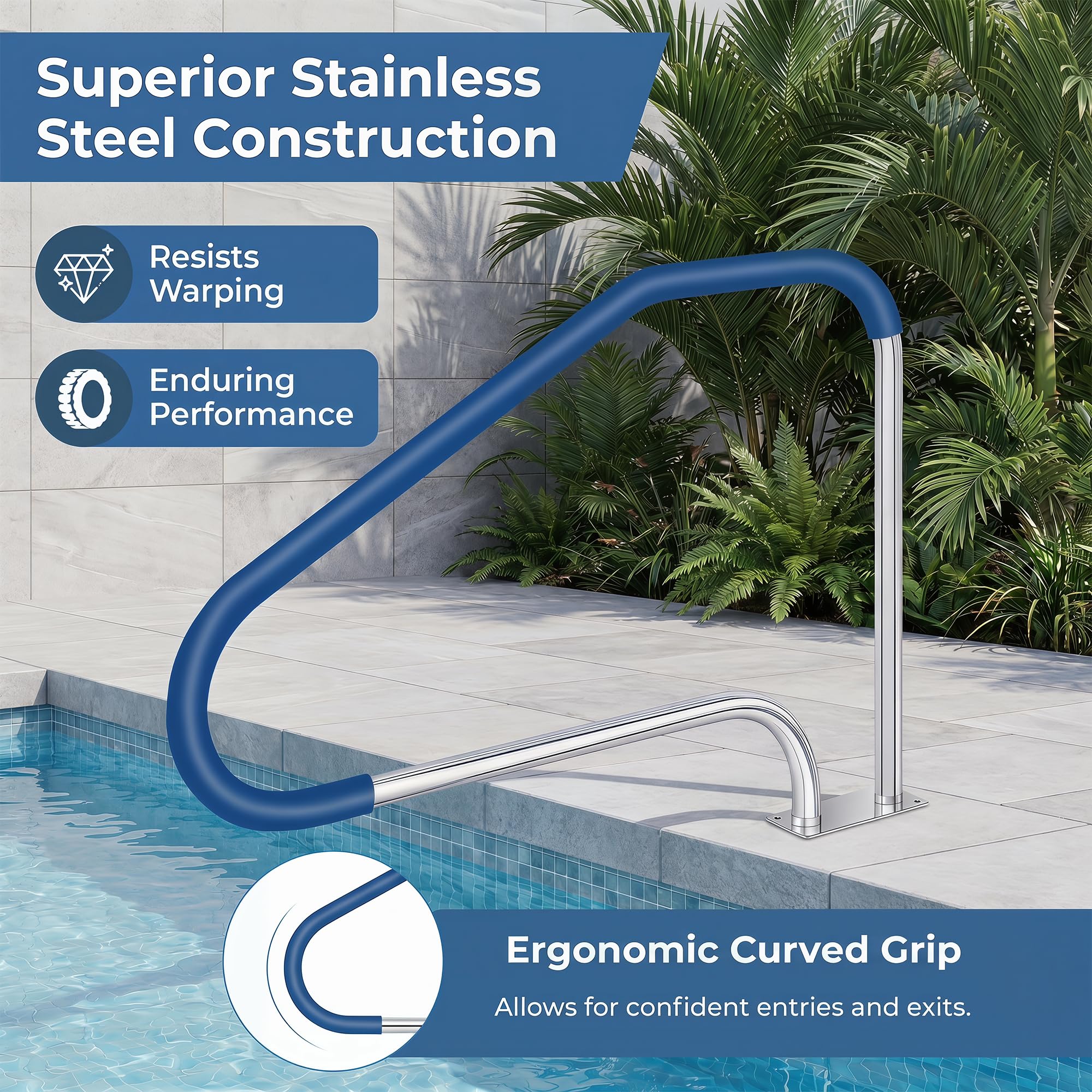 HOMASIS Main Courante Piscine, Rampe de Sécurité en Acier Inoxydable Antirouille, Housse Antidérapante, Soudure Renforcée, Charge 250 kg, Barre d’Appui pour Piscine, Spa, Parc Aquatique, 119x79cm