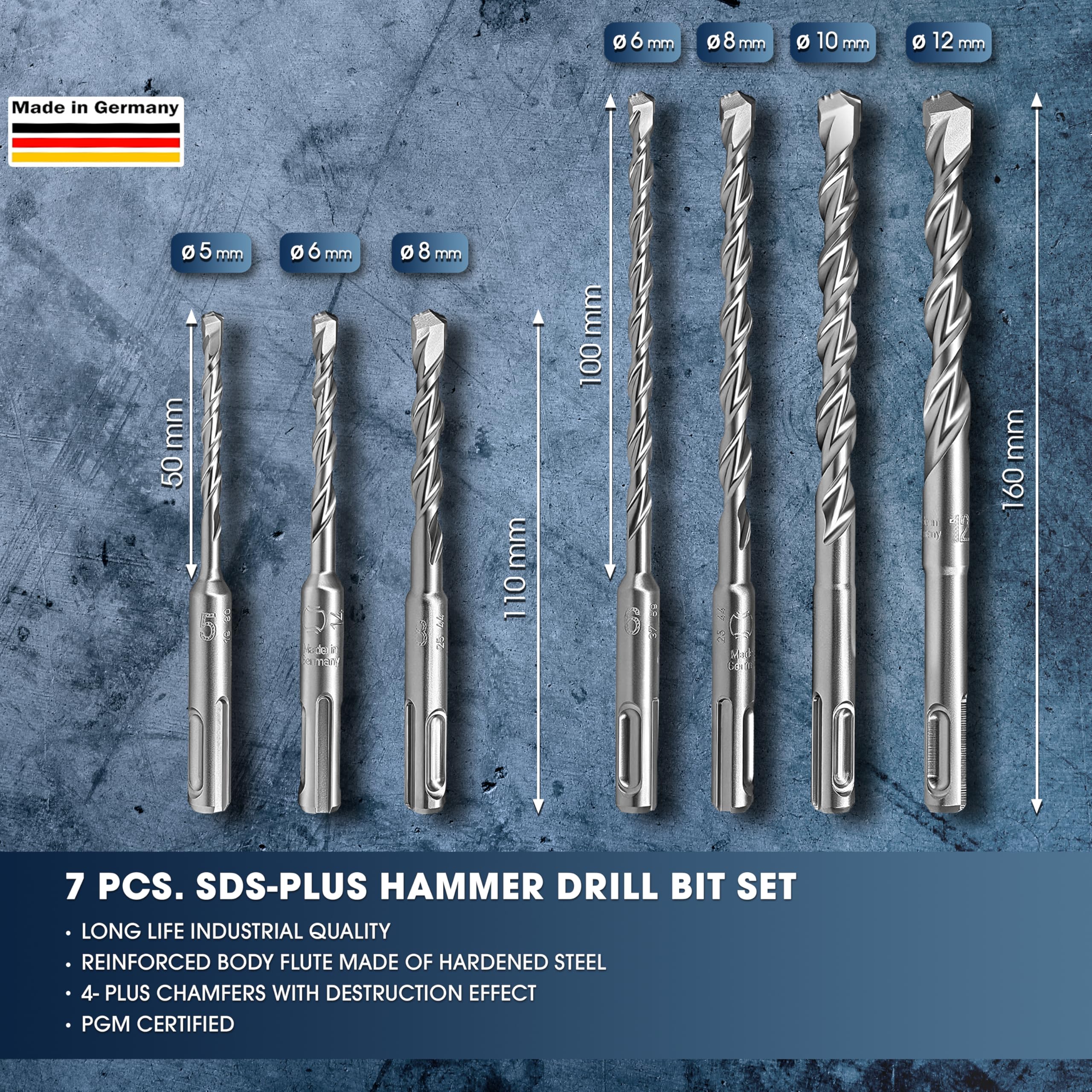 S&R Wiertła do betonu Sds - Plus. Zestaw 7 profesjonalnych wierteł: 5,6,8x110mm; 6,8,10,12x160mm, do betonu, muru, kamienia, granitu. Wyprodukowano w Niemczech