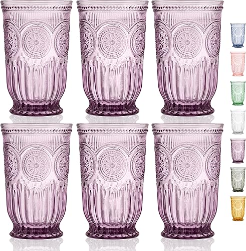 Juego de 6 vasos altos de color morado con diseño vintage único. Cristalería púrpura apta para lavavajillas con copas de vino moradas a juego.