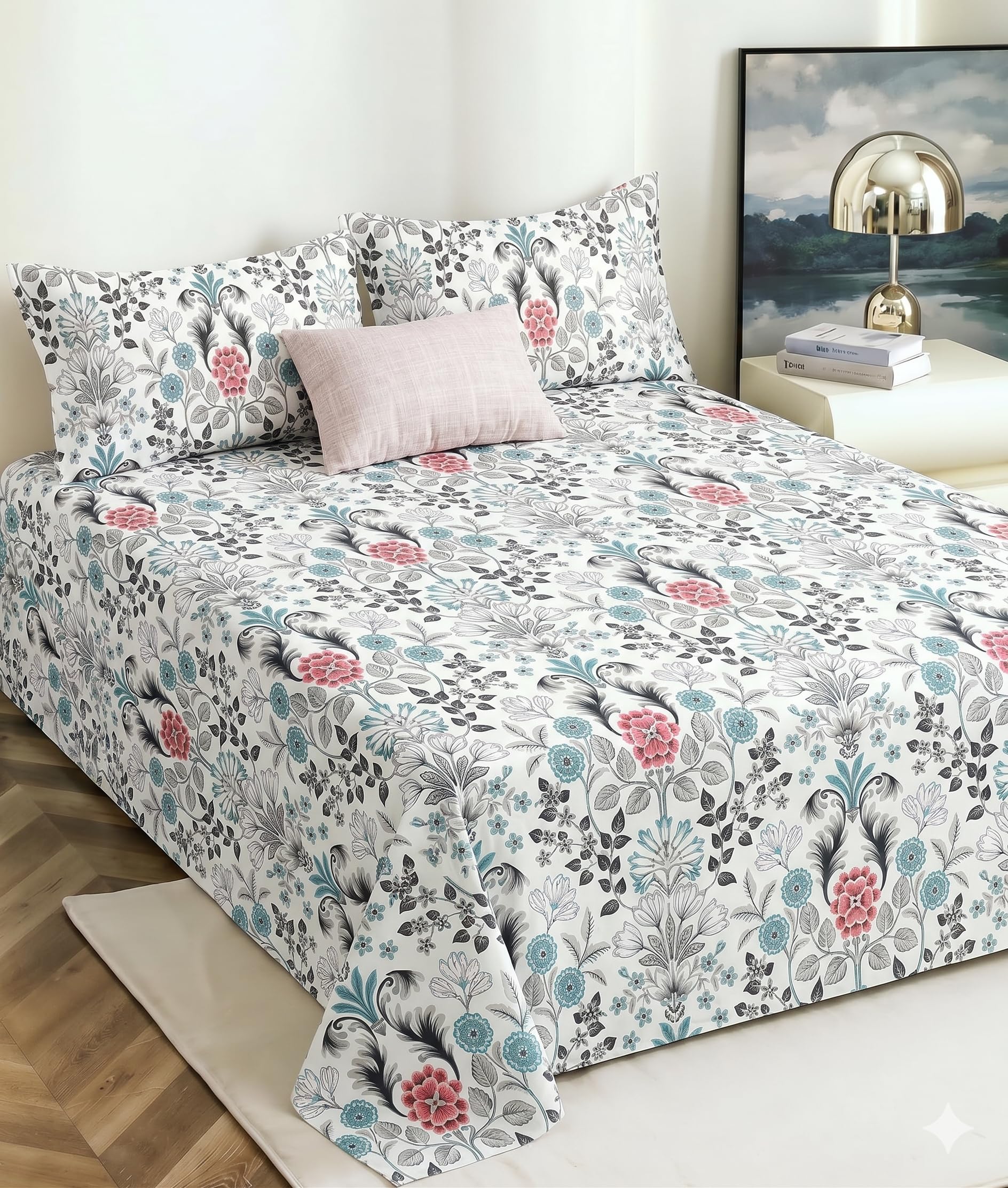 DECOMIZER AquaDamasFlower Bed Sheet Set - Soft Cotton -1 DECOMIZER AquaDamasFlower Bed Sheet Set - Soft Cotton -1