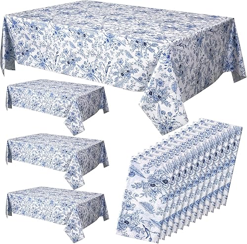 12 manteles de plástico florales azules, mantel de plástico con flores vintage, desechables, rectangular, de plástico, 54 x 108 pulgadas, para