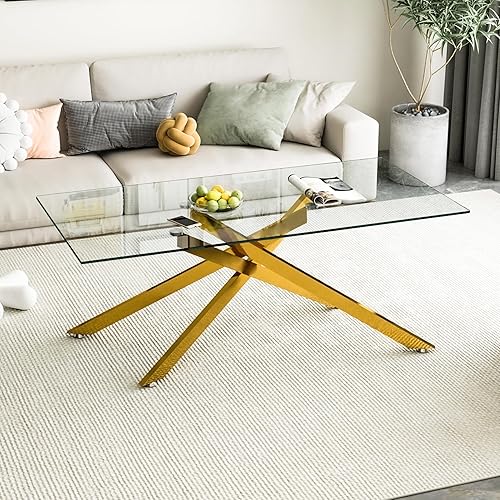 Miniatura 13 de Henf Mesa de centro rectangular moderna de vidrio transparente de 47 pulgadas, mesa de centro rectangular de vidrio templado para sala de estar,