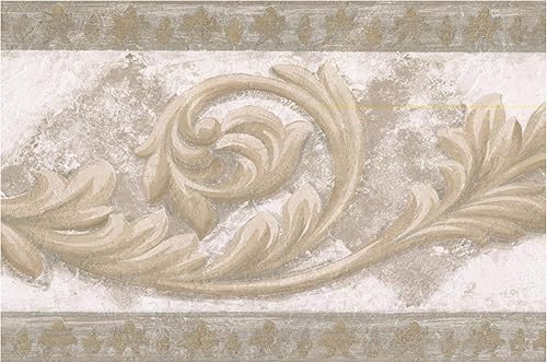 Cenefa de papel pintado, diseño retro, diseño retro, diseño damasco, viñas de damasco, viñas grises, rombos grises, rollo prepegado, 1.8 x 7.4in.